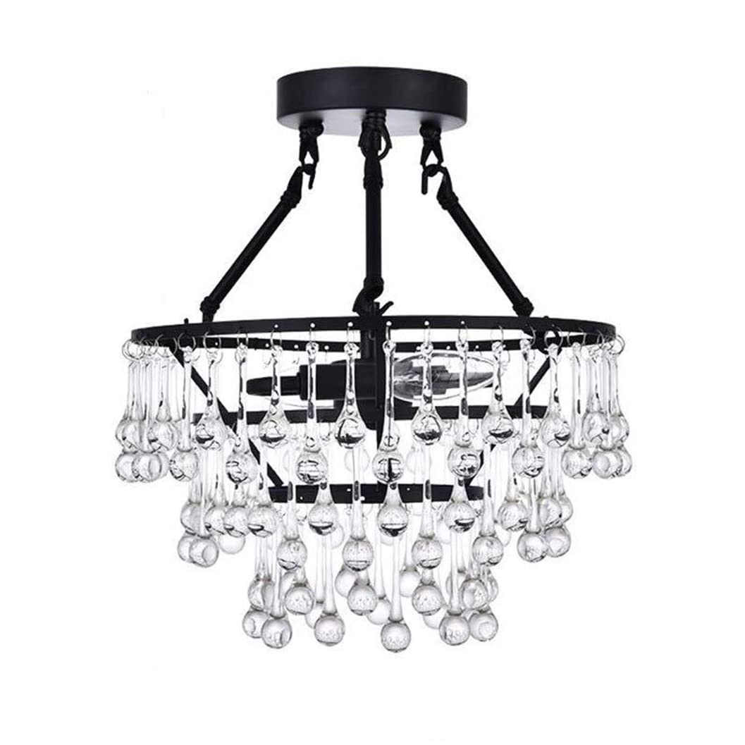 2-Light Black Semi Flush Mount Ceiling Fixture with Raindrop Crystal Ball - Round Crystal Chandelier for Bedroom, Living & Dining Room (11.8
