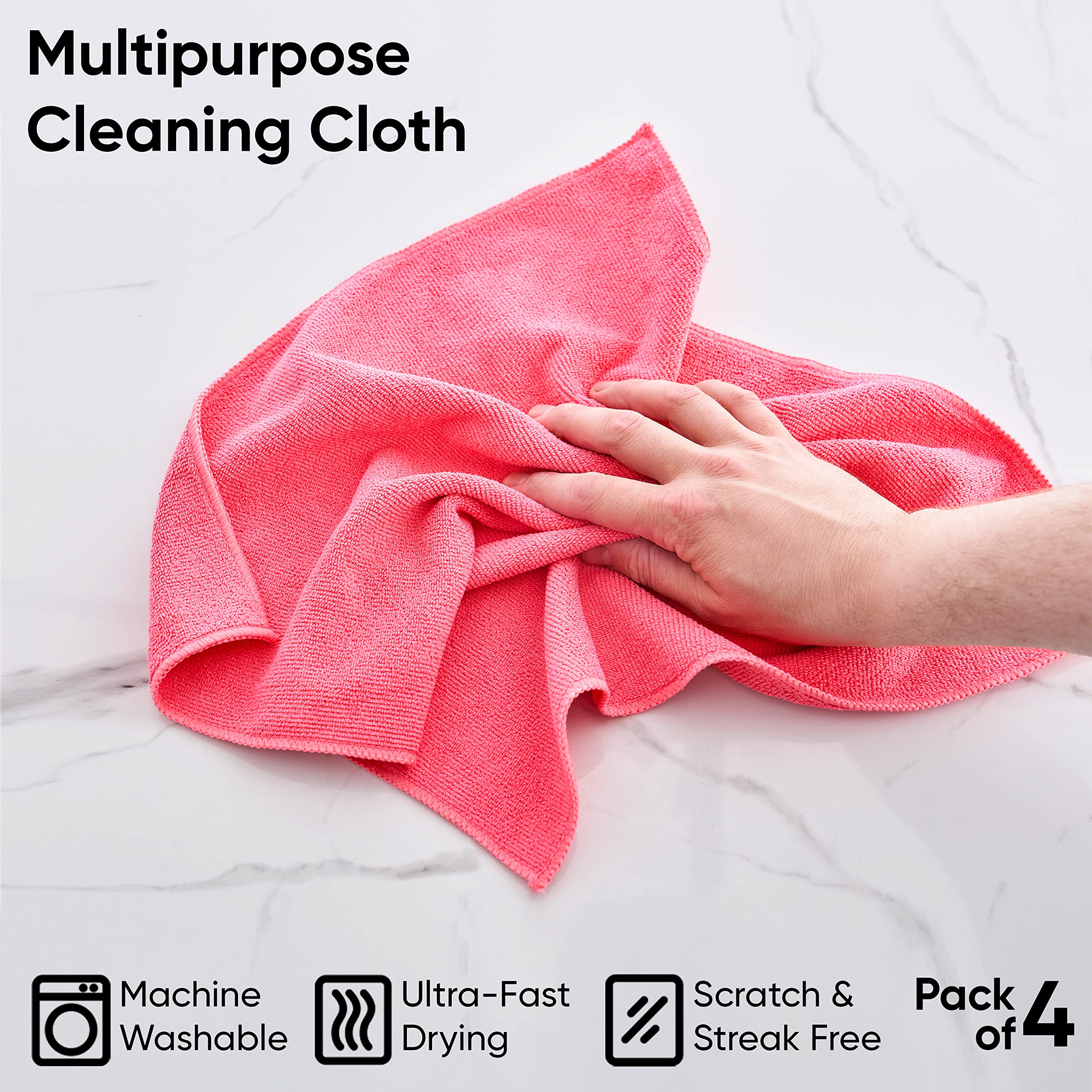Superio Pink Microfiber Cleaning Cloths - 16x16 Inch Lint-Free, Washable & Reusable - Streak-Free for Cars, Kitchen, Bathroom - No Detergents Needed - 4 Pack - Perfect for Dusting, Polishing & Deep Cleaning Surfaces