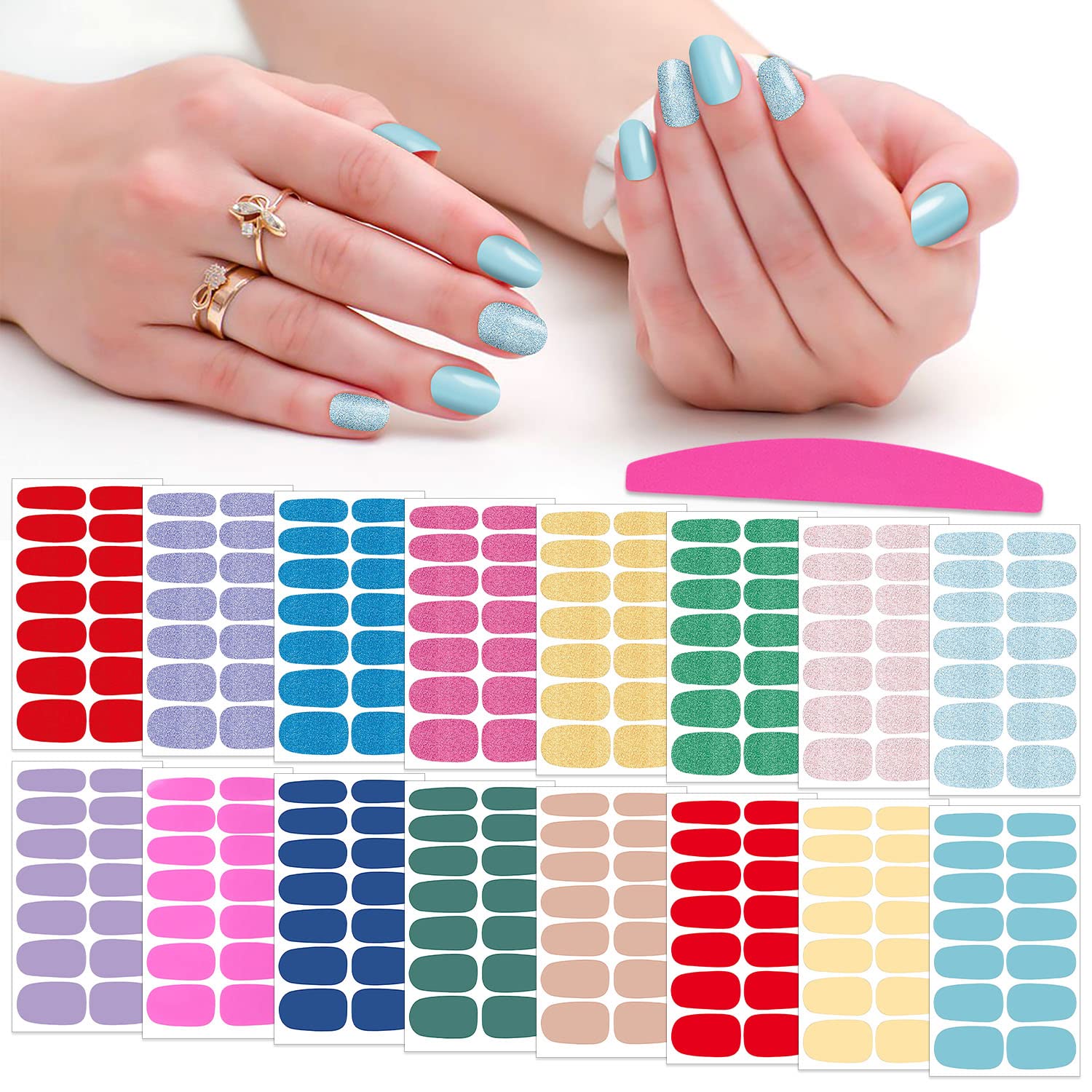 SILPECWEE Self-Adhesive Nail Polish Strips for Women - 16 Sheets Solid Color & Glitter Gel Nail Wraps with Free Nail File - Easy DIY Nail Art Accessories for Home, Salon & Party Manicures