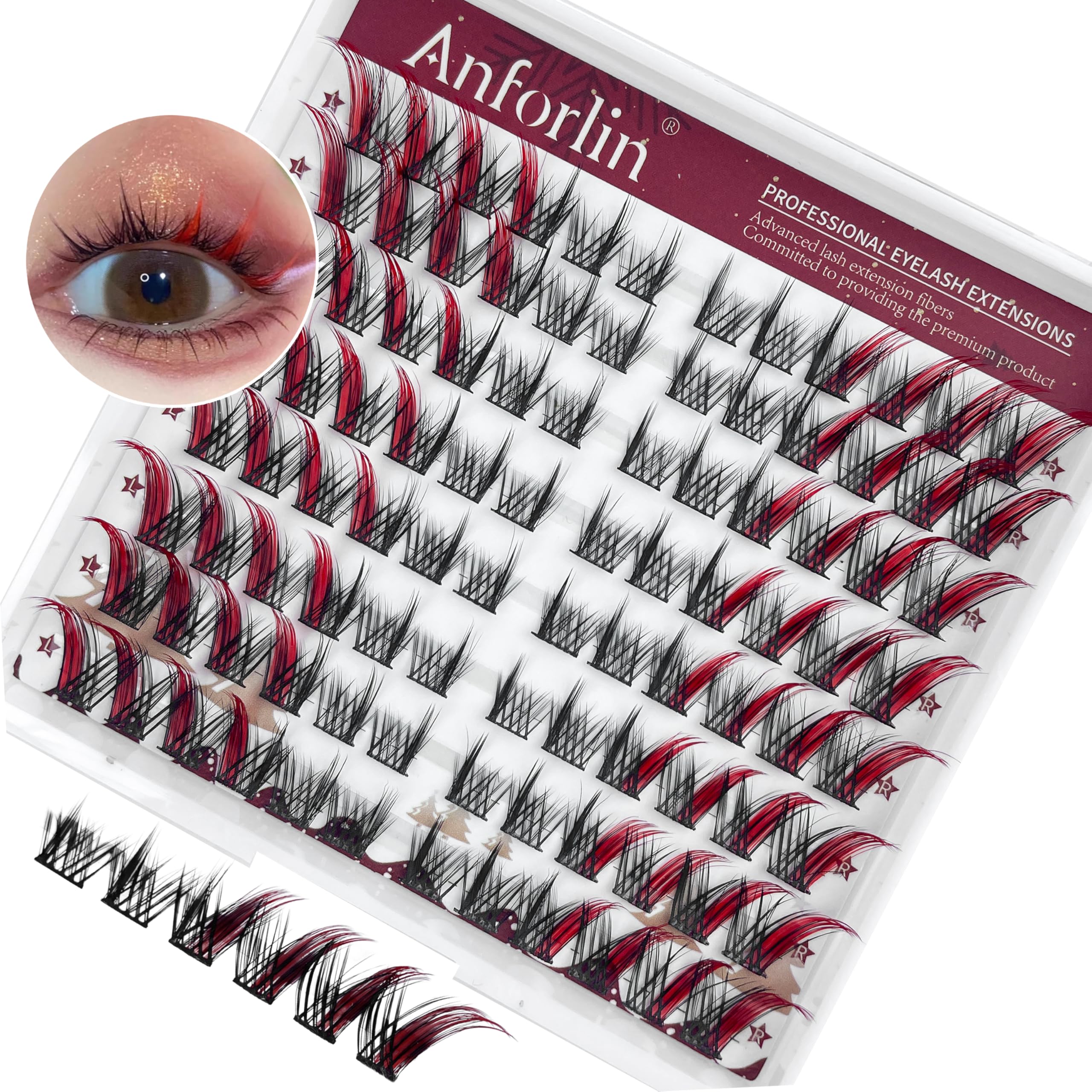 Black & Red Fox Eye Lashes - 96 PCS Fluffy Lash Clusters, C Curl Individual Eyelash Extensions for DIY Cat Eye & Manga Look | Left & Right Clusters, Colored Lashes for Christmas & Party Makeup | Perfect for Cosplay, Halloween, and Special Occasions