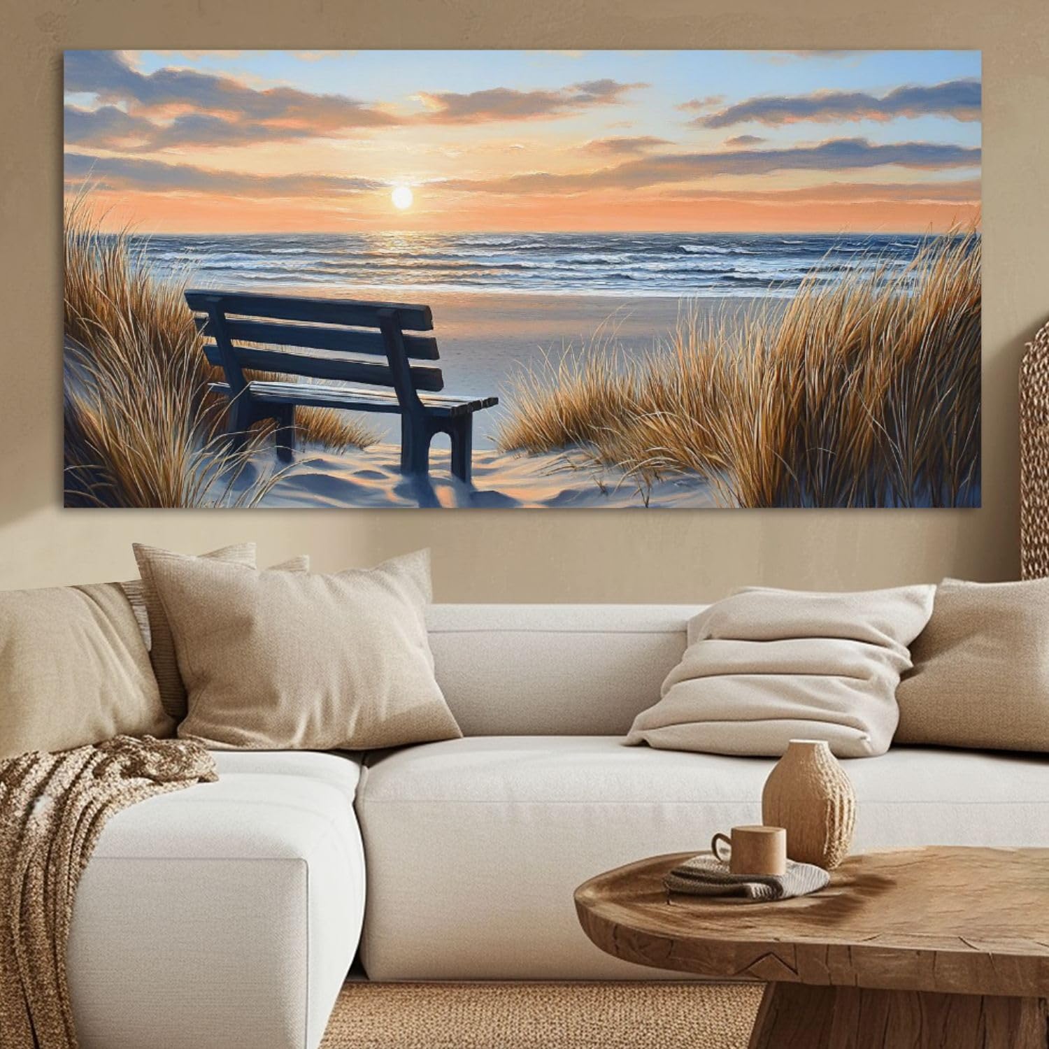 Modern Blue Sun Beach Ocean Landscape Canvas Wall Art - Framed Painting for Office, Living Room & Bedroom Decor (30x60 Inch) | Coastal Theme Wall Decor for Beach Houses, Vacation Rentals & Seaside Themed Rooms