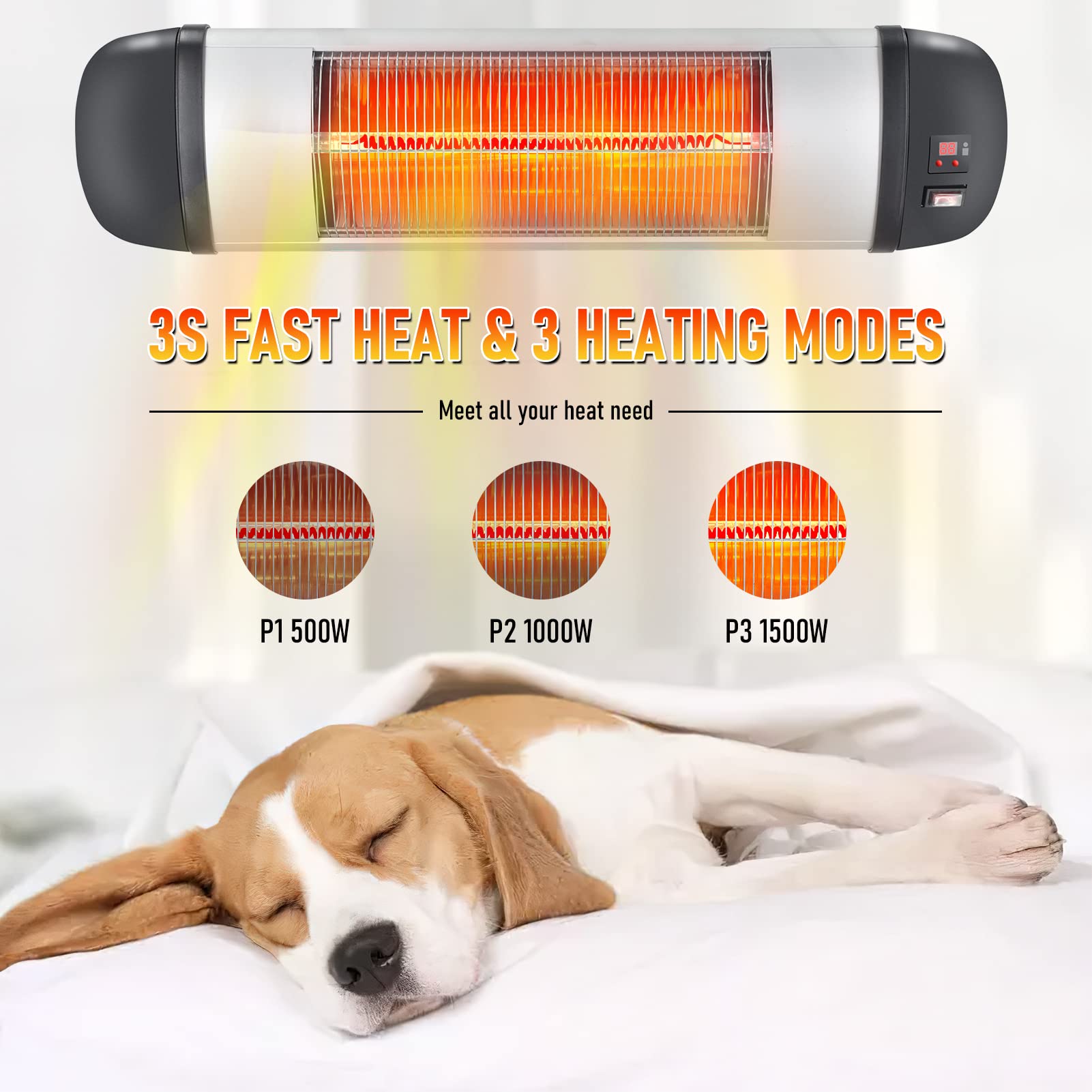 1500W Electric Patio Heater with Remote Control - 3 Heat Levels & 24H Timer - Wall Mounted Indoor/Outdoor Heater - IP34 Weatherproof - Perfect for Garage, Deck, and Backyard Use