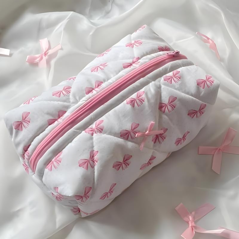 MIASHUI Cute Quilted Bow Makeup Bag | Y2K Preppy Floral Cosmetic Pouch | Women's Toiletry Organizer Travel Bag (Pink) | Perfect for School, Travel & Gift Giving