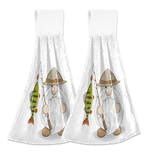 2PCS Cute Gnome Hanging Kitchen Towels - Absorbent Spring Fishing Hand Towel & Dish Cloth with Loop for Oven, Stove, Bathroom - Decorative Home Kitchen Accessories for Cooking, Cleaning & Farmhouse Decor