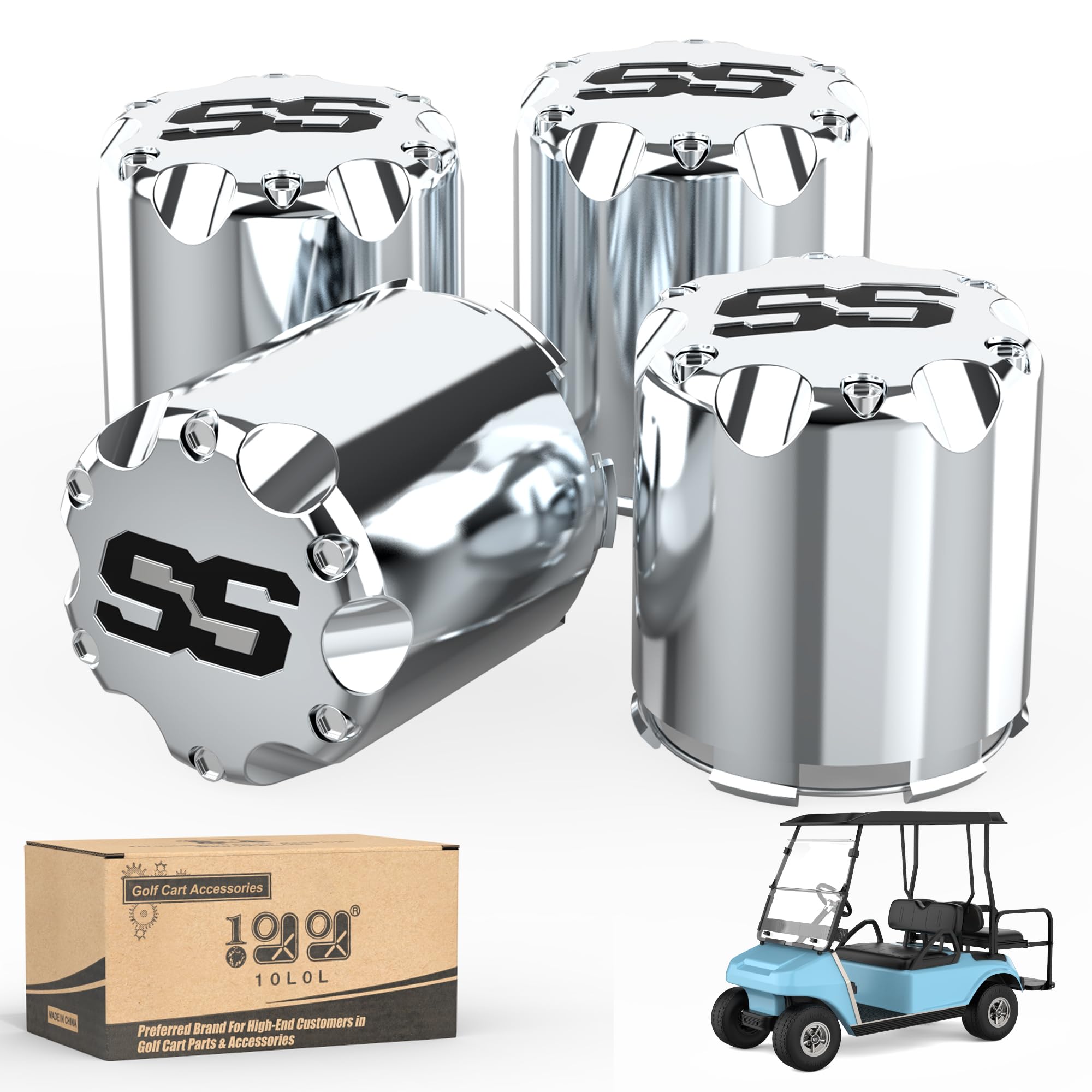 10L0L Golf Cart Wheel Center Caps - SS Chrome Push-In Style Hubcaps, Universal Fit for Yamaha, EZGO, Club Car & More - 4 Pack - Dust Cover for Enhanced Protection (Perfect for Golf Course, Resort & Neighborhood Use)