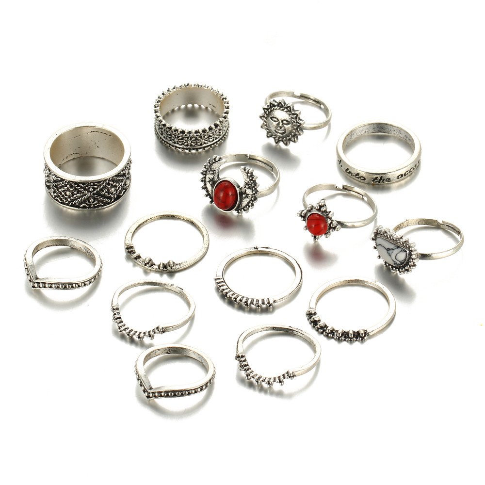 Berrysun 14-Piece Bohemian Silver Stackable Rings Set for Women - Vintage Blue Rings, Adjustable One Size - Perfect for Layering, Everyday Wear & Boho Fashion Accessories