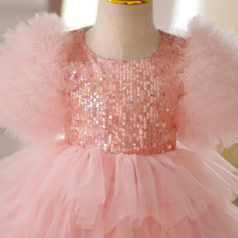 Sparkly Pink Sequin Tulle A-Line Party Dress with Puffy Half Sleeves - Perfect for Prom, Quinceañera & Special Occasions