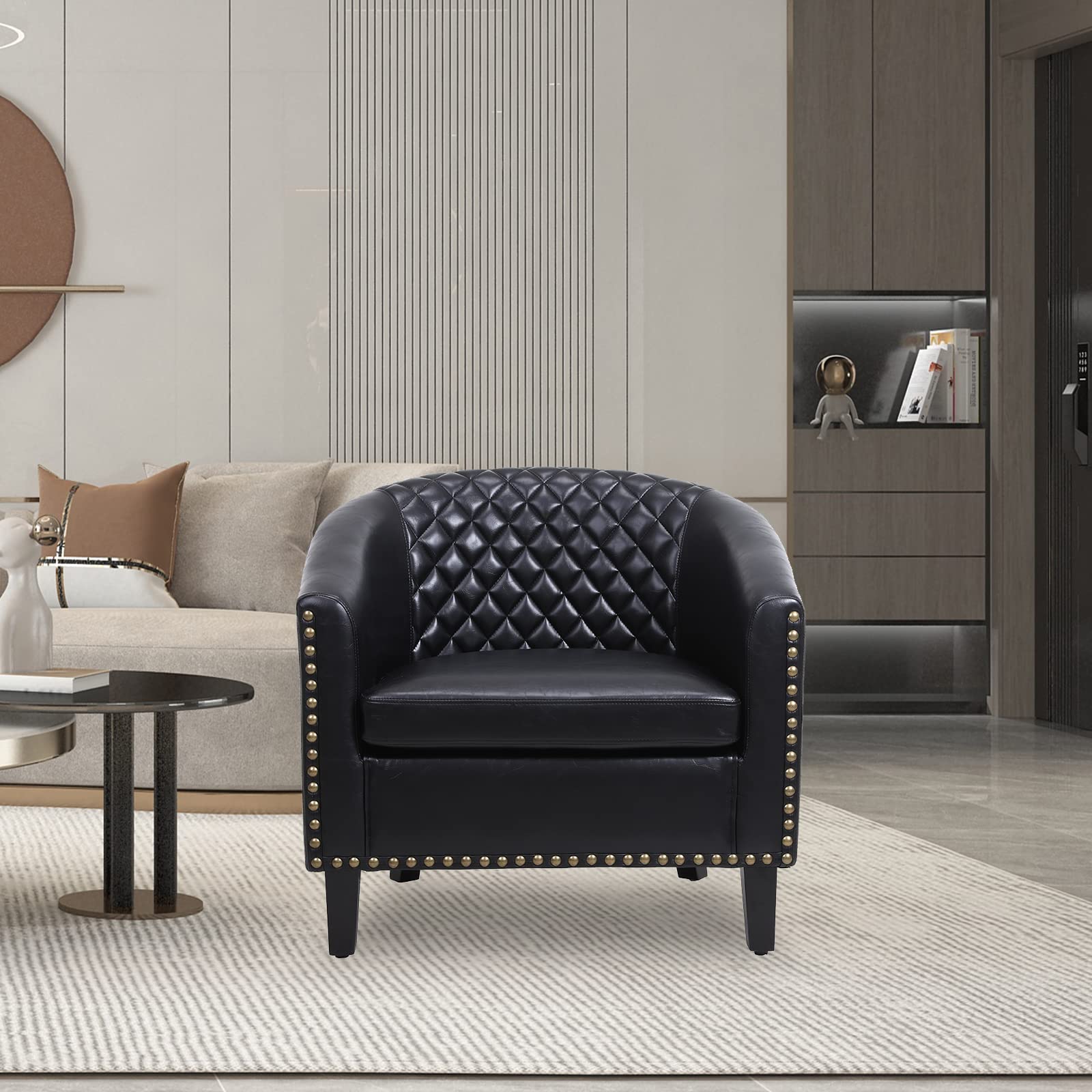 Henf Faux Leather Barrel Accent Chair - Mid Century Modern Armchair with Decorative Nailheads & Solid Wood Legs - Upholstered Living Room Club Chair for Reading, Lounging & Home Office - Perfect for Small Spaces & Apartment Decor