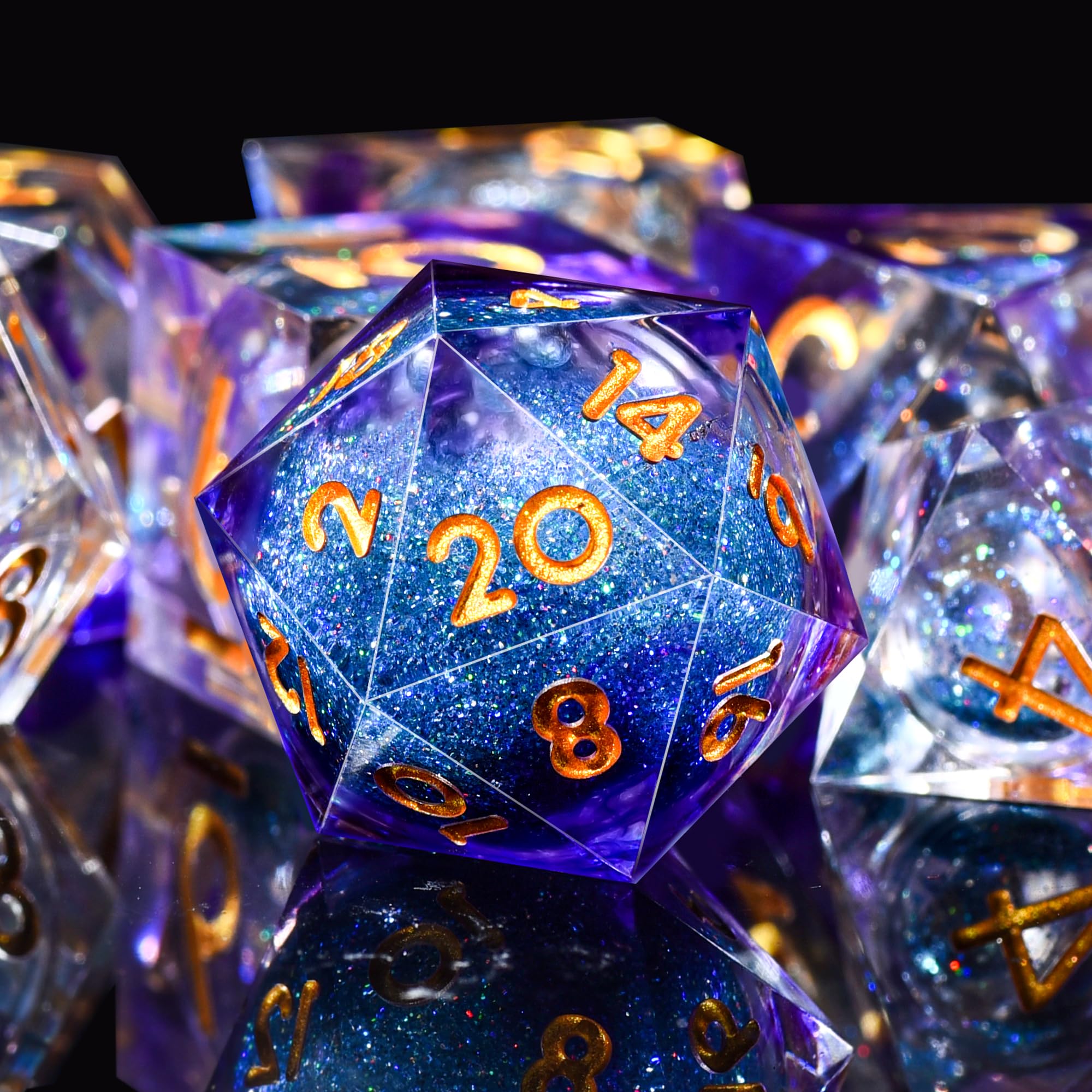 AUSTOR Liquid Core Resin DND Dice Set - 7-Piece Sharp Edge Polyhedral Dice for Dungeons & Dragons, RPG, MTG - Quicksand Handmade Violet & Blue Dice - Perfect for Tabletop Gaming, Role-Playing Adventures & Collectors