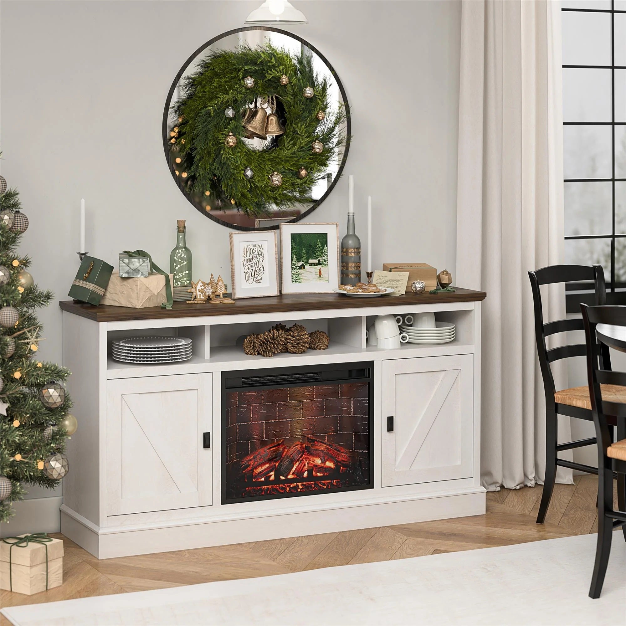 Ameriwood Home Ashton Lane Electric Fireplace TV Stand for 65 Inch TVs - Magnolia Oak/Columbia Walnut Finish - Entertainment Center with Built-in Heater for Living Room & Bedroom