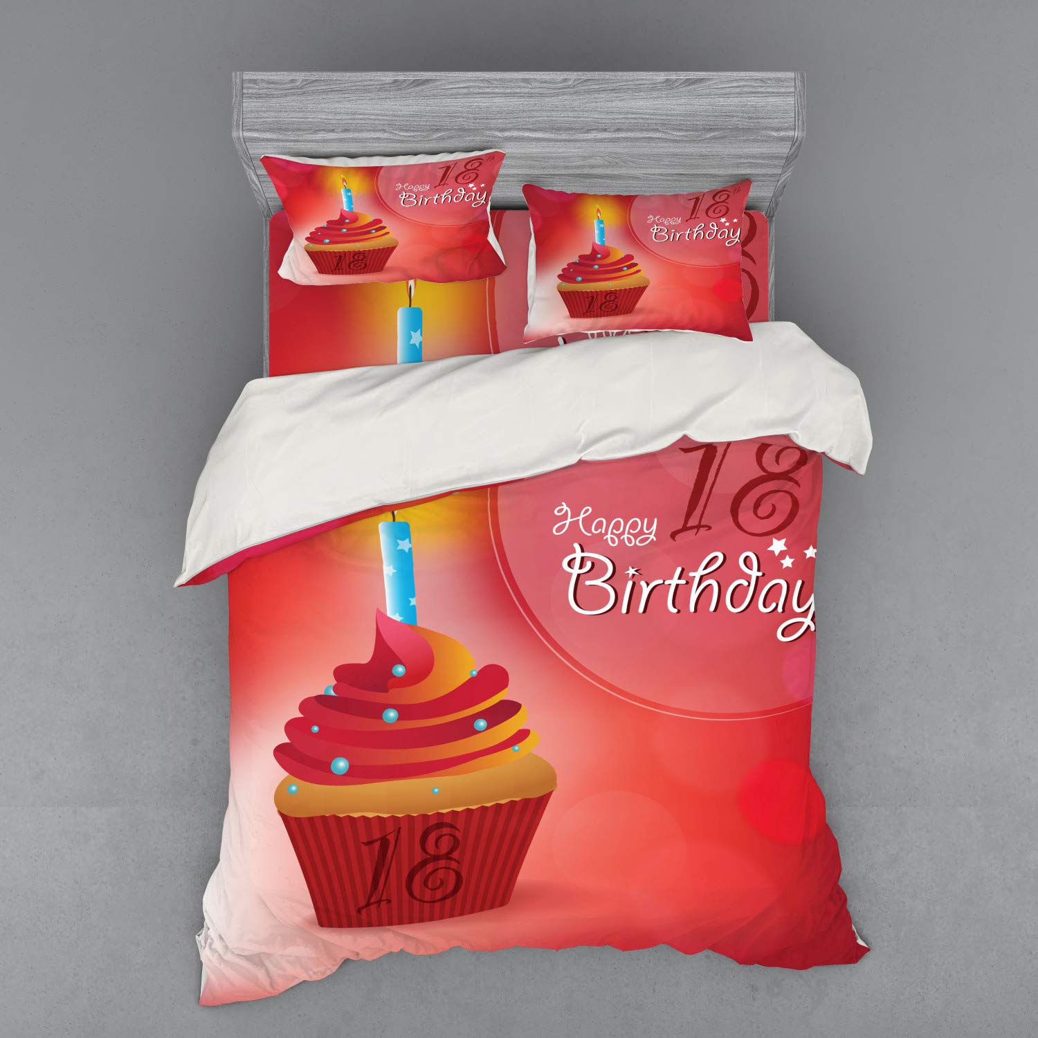 Ambesonne 18th Birthday Duvet Cover Set - 4 Piece Queen Size Bedding with Cupcake & Candles Print in Hot Pink, Red & Orange - Includes Shams & Fitted Sheet - Perfect for Teen Birthday Parties & Dorm Room Decor