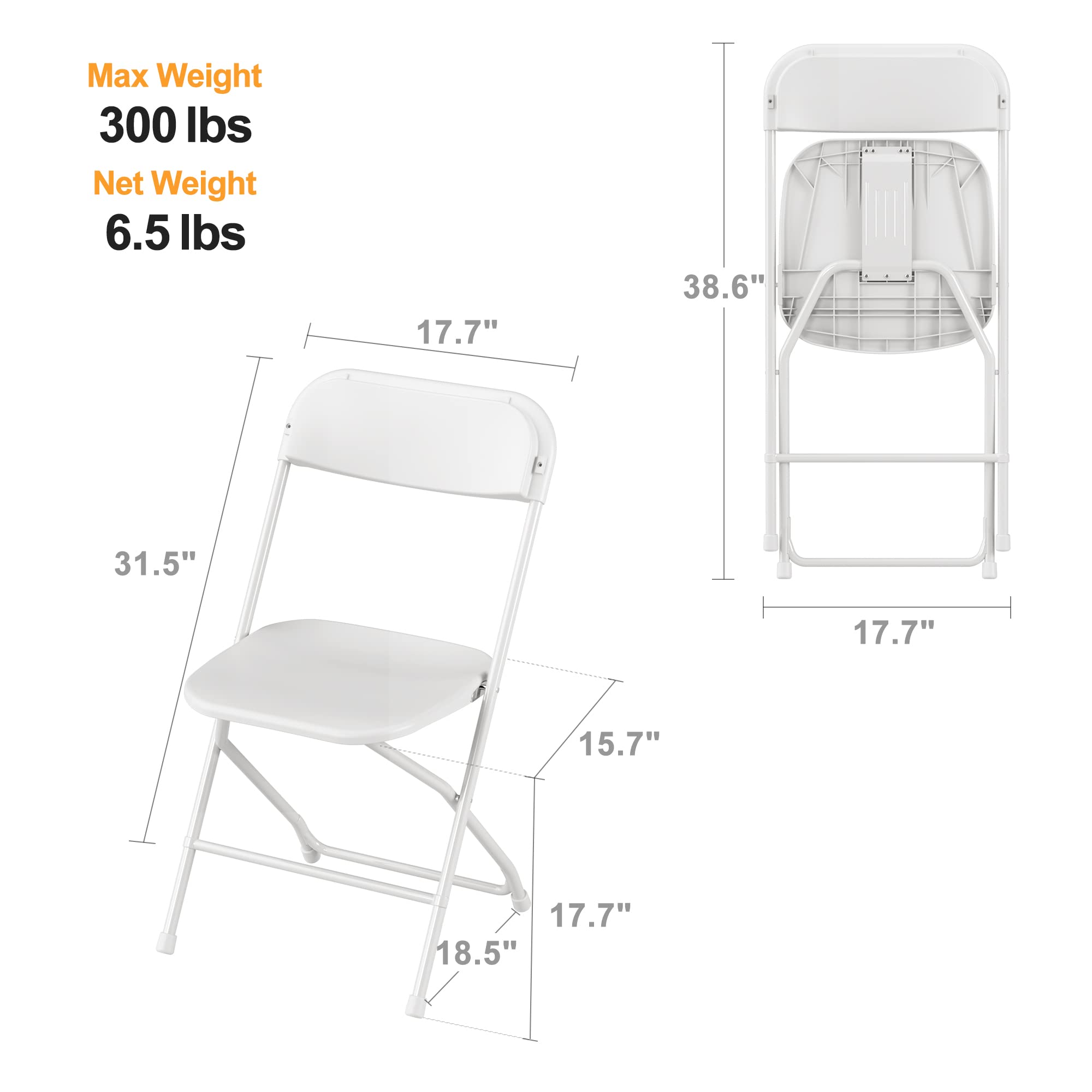 Allpop 10 Pack White Plastic Folding Chairs - Heavy Duty 300lb Capacity, Steel Frame Stackable Commercial Chairs for Indoor & Outdoor Use - Perfect for Weddings, Parties, Offices, and Events