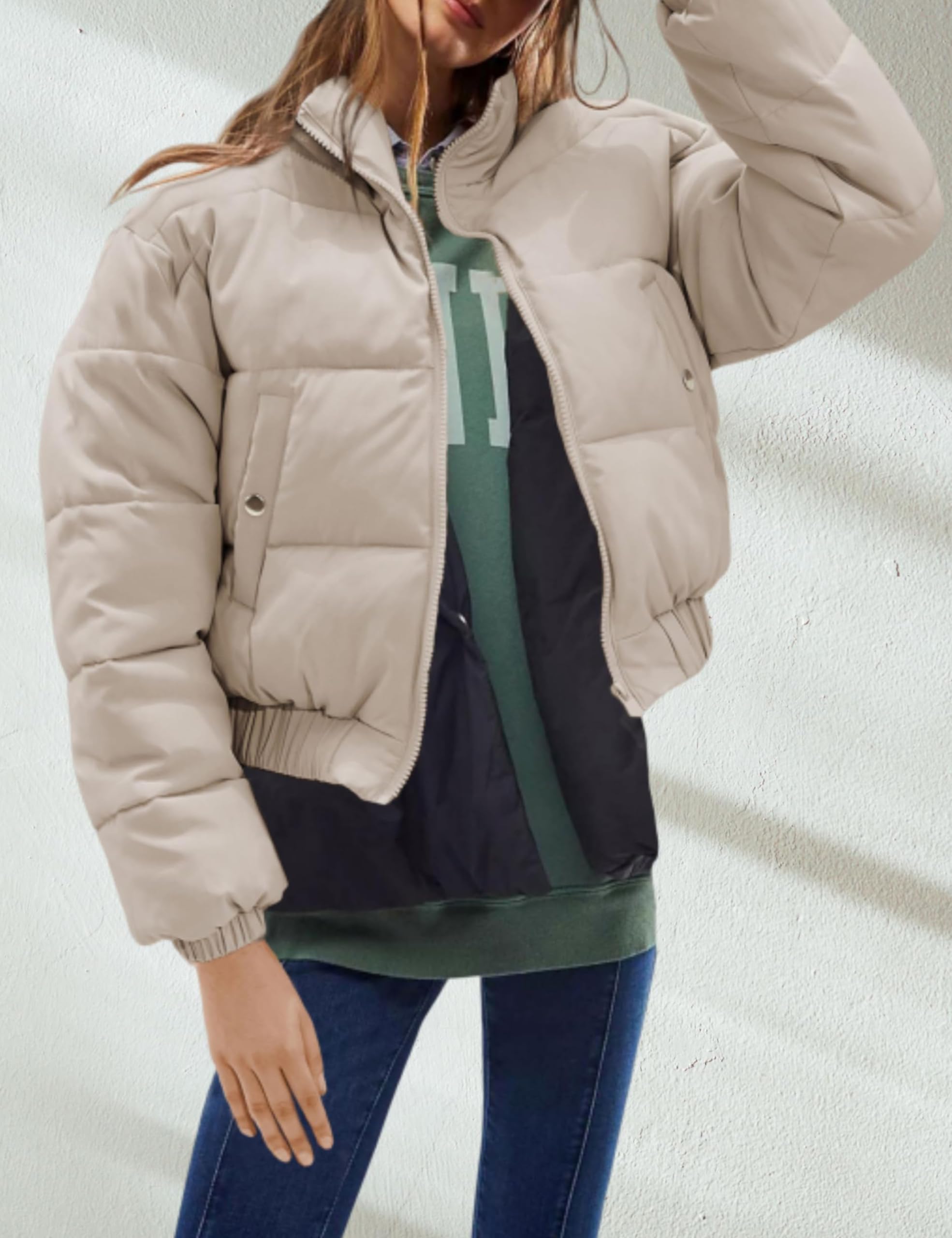 Hooever Women's Cropped Puff Jacket - Winter Stand Collar Quilted Bubble Coat with Full Zipper | Warm Outerwear for Casual Outings, Street Style & Cold Weather Fashion