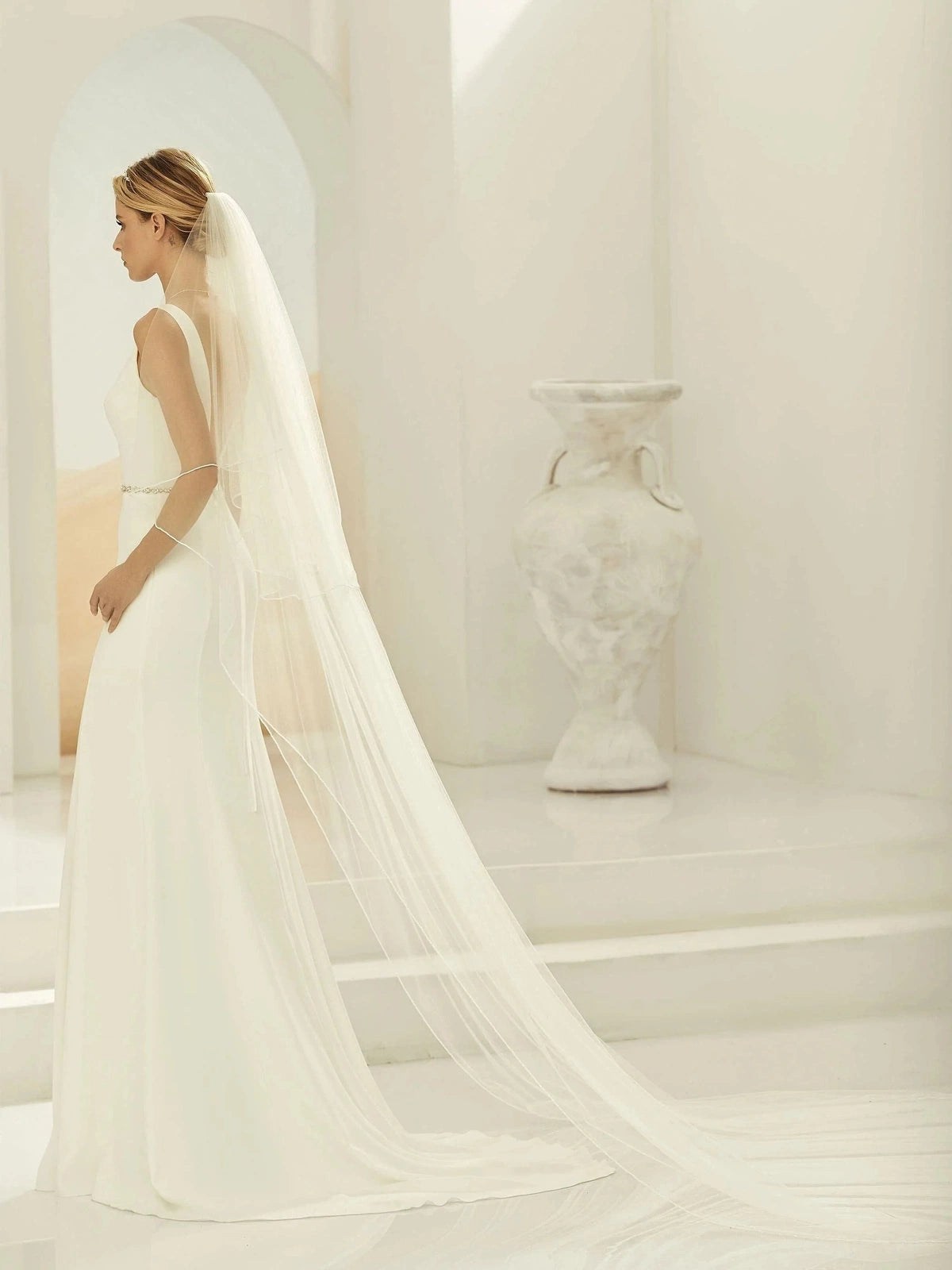 Bianco Evento Cathedral Length Two-Tier Wedding Veil with Glass Bead Edge - Soft Ivory Tulle S397 | Perfect for Bridal Gowns, Church Ceremonies & Formal Weddings
