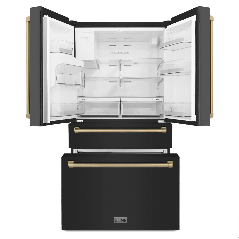 ZLINE Autograph Edition 36-Inch Counter Depth French Door Refrigerator - 21.6 cu.ft Capacity, Fingerprint Resistant Black Stainless Steel with Champagne Bronze Handles, Built-in Water & Ice Dispenser (RFMZ W 36 BS CB) - Perfect for Modern Kitchens, Open-Concept Homes & Entertaining Guests