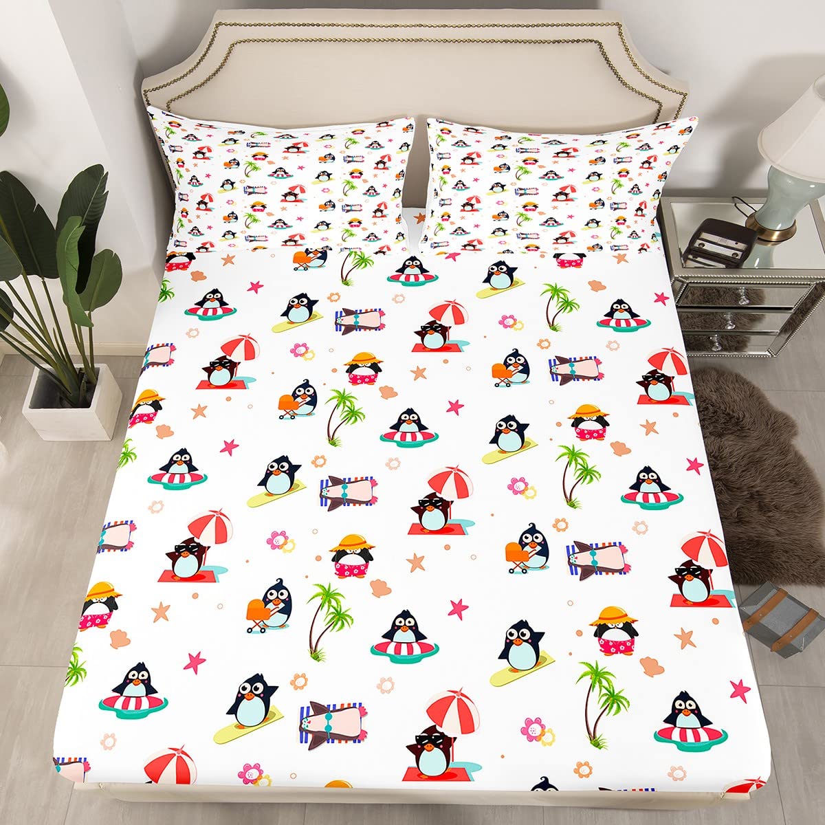 Castle Fairy Kids Penguin Bed Sheets Set - Cute Kawaii Animal Print Microfiber Bedding with Pillowcase for Boys & Girls (Queen Size) | Perfect for Summer Holidays, Beach Themed Rooms & Cozy Teen Bedrooms
