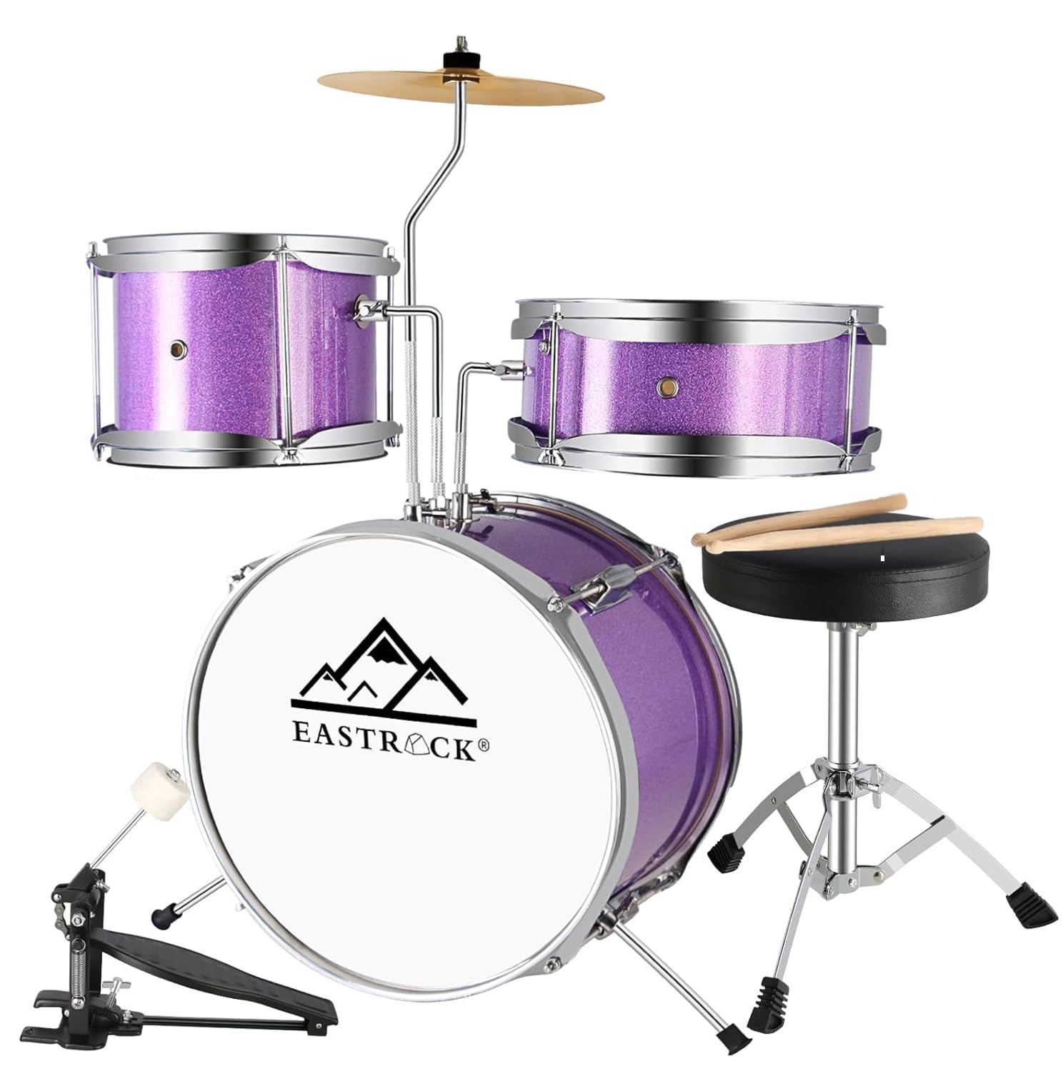 EASTROCK 3-Piece 13'' Drum Set with Adjustable Throne, Cymbal, Pedal & Drumsticks - Purple Complete Drum Kit for Beginners, Kids & Home Practice | Perfect for Rock, Jazz & Band Performances