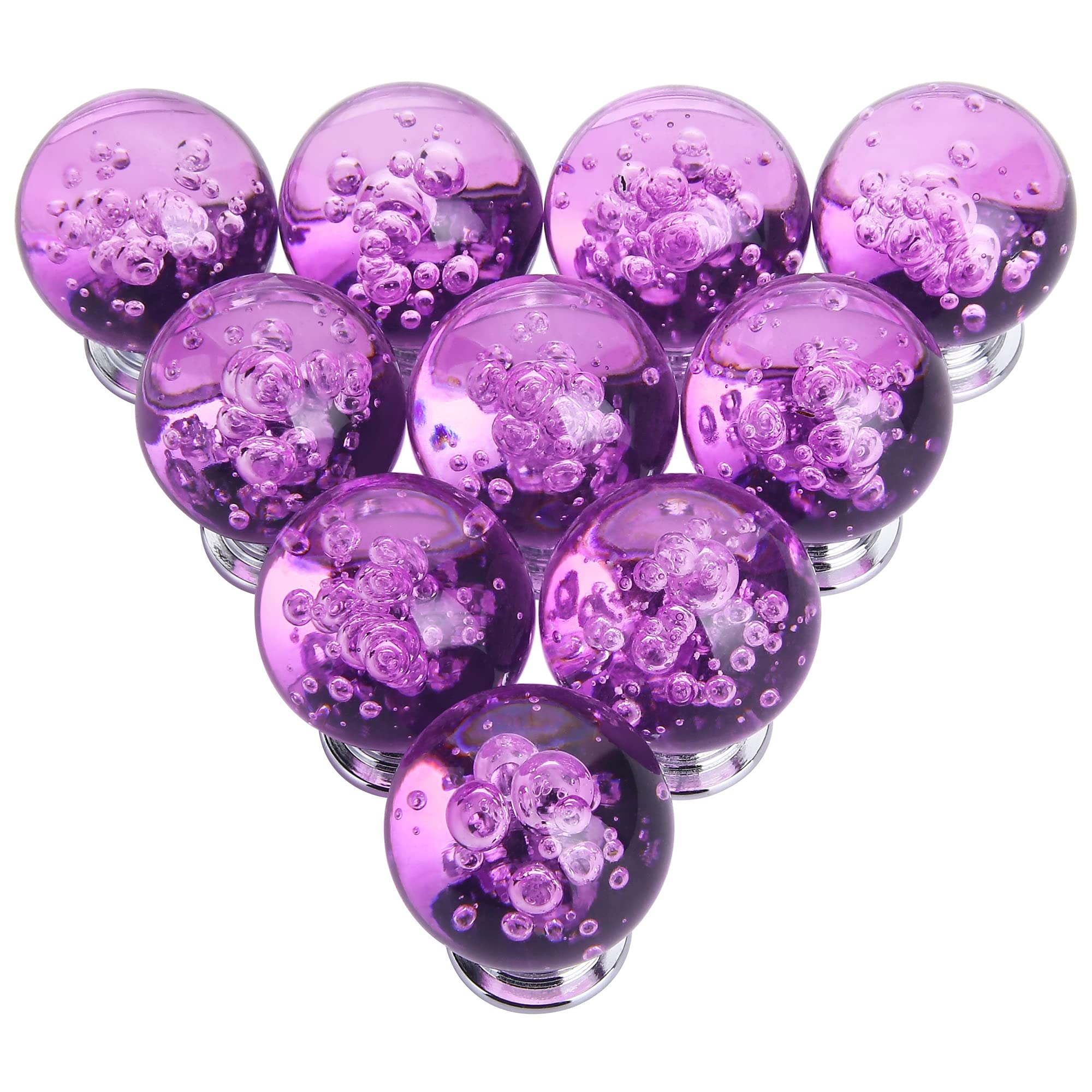 10-Pack Crystal Cabinet Knobs - Round Glass Bubbles Dresser Drawer Handles - Smooth Pulls for Home Furniture (30mm, Purple) - Includes 3 Size Screws - Perfect for Cabinets, Dressers, Nightstands & DIY Furniture Upgrades
