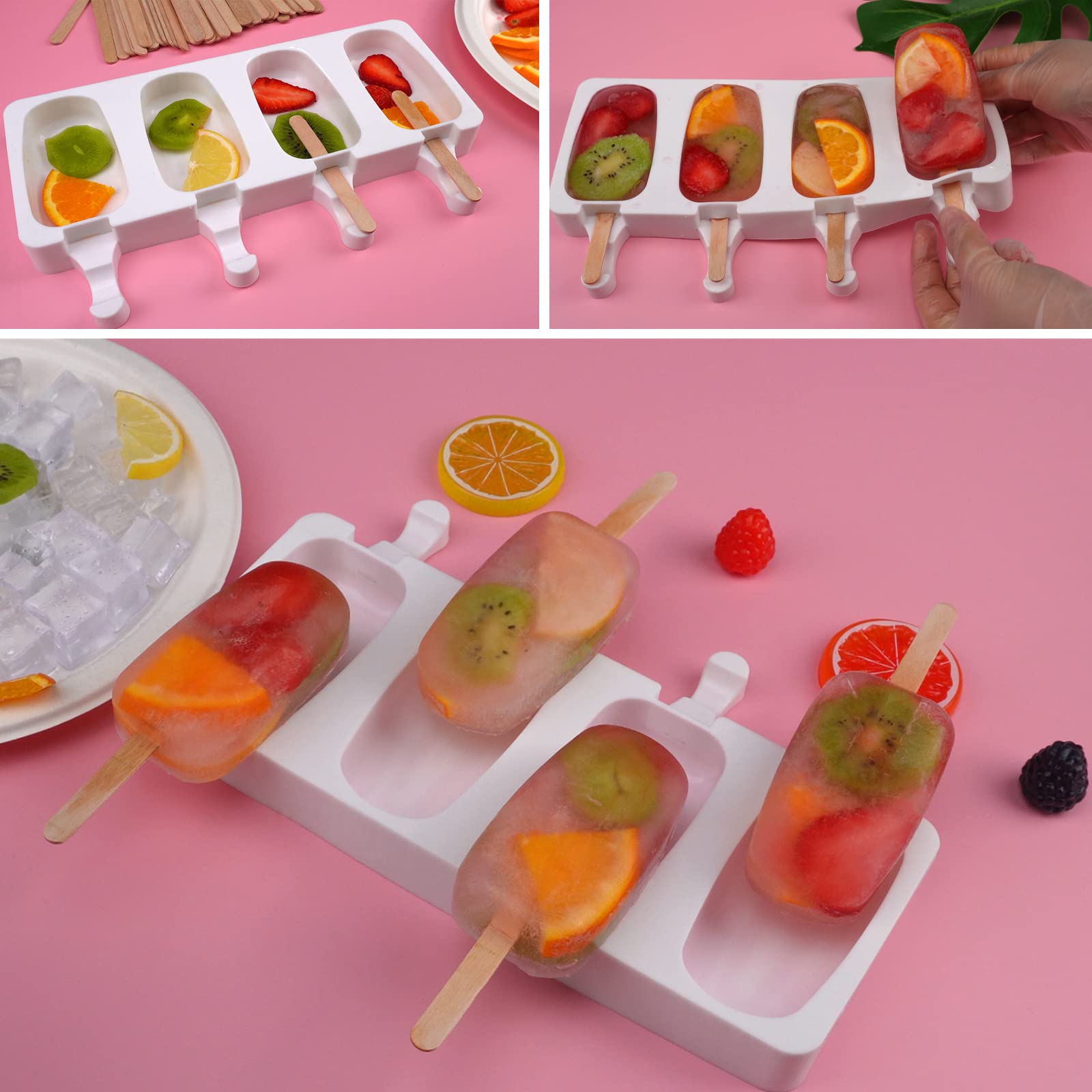Sakolla 3-Pack Large Silicone Popsicle Molds with 100 Wooden Sticks - 4 Cavity Oval Ice Cream & Cake Pop Molds for Homemade Ice Pops, DIY Desserts, and Party Treats - Perfect for Summer Snacks, Kids' Parties, and Frozen Treats at Home