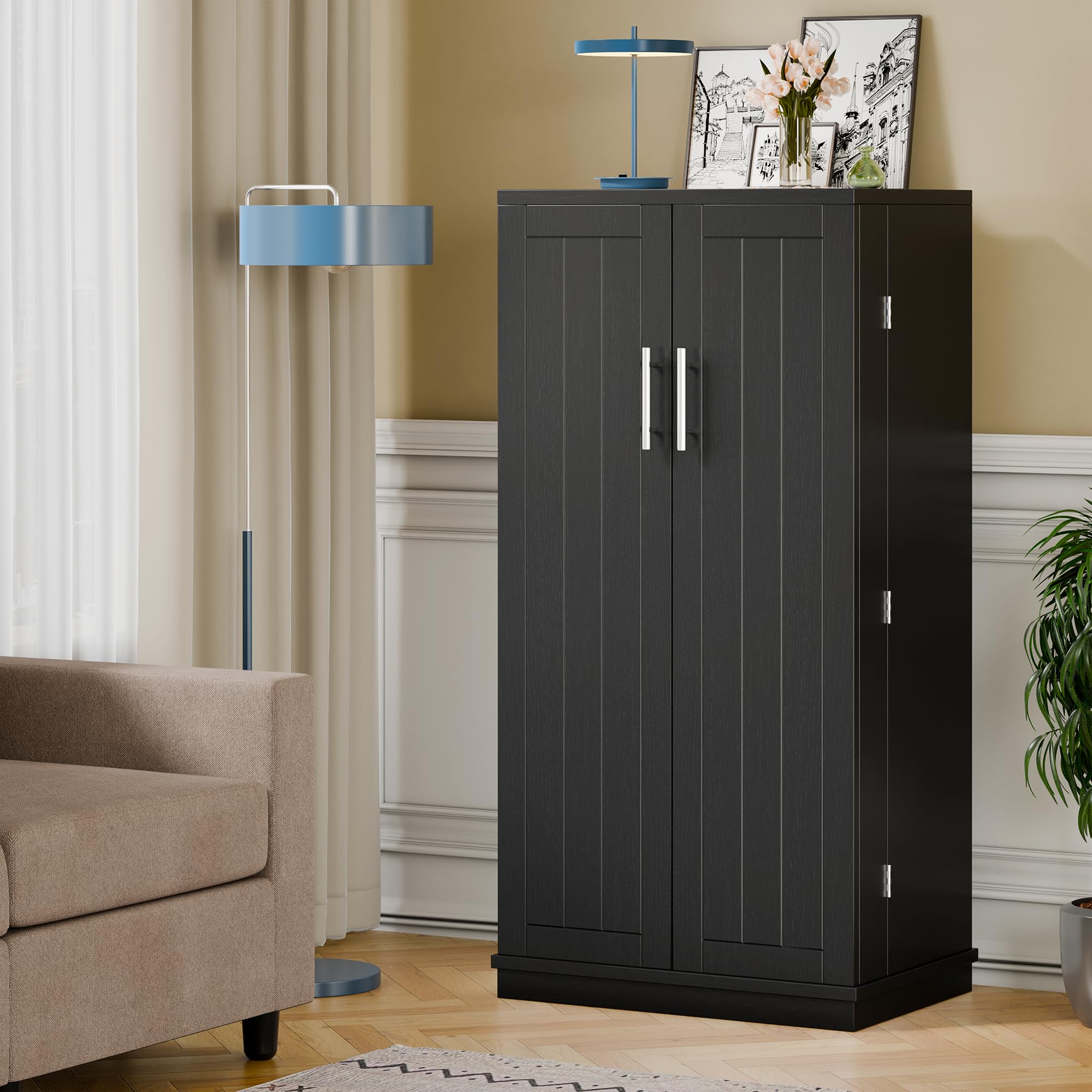 Meilocar 47-Inch Wooden Pantry Cabinet with Adjustable Shelves & Doors - Freestanding Kitchen Storage Cupboard for Pantry, Living Room, Dining Room & Office (Black) | Perfect for Organizing Food, Dishes & Home Essentials