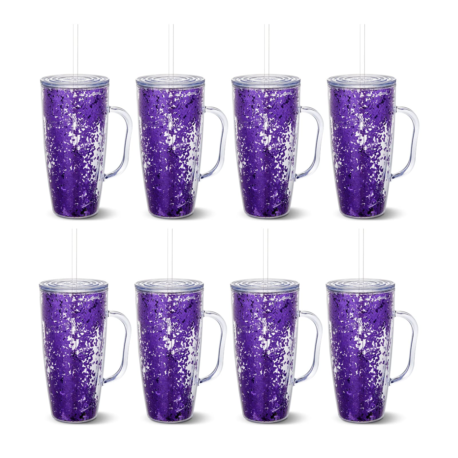 TUMZAK 25oz Plastic Glitter Tumbler with Lid and Straw - 8 Pack Double Wall Insulated Cup with Handle - Acrylic Iced Coffee Cup for Cold Drinks (Purple) - Perfect for Parties, Travel, Office & Home Use