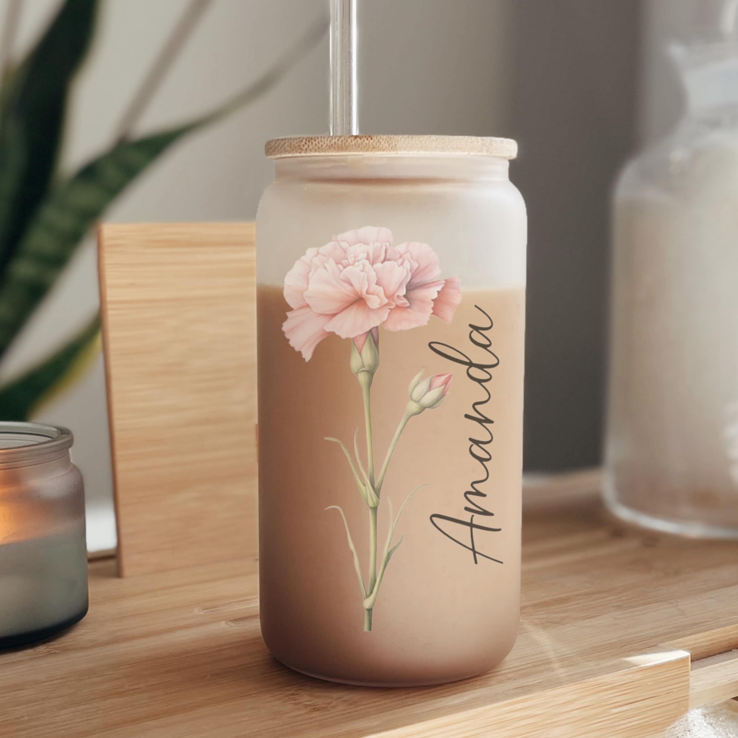 Personalized 16 oz Glass Tumbler with Lid & Straw - Custom Birth Month Flower Design - Iced Coffee Cup with Name Engraving - Unique Bridesmaid Proposal Gift for Women, Mom, Teachers - Perfect for Birthday, Mother's Day & Everyday Use at Home, Office or Travel