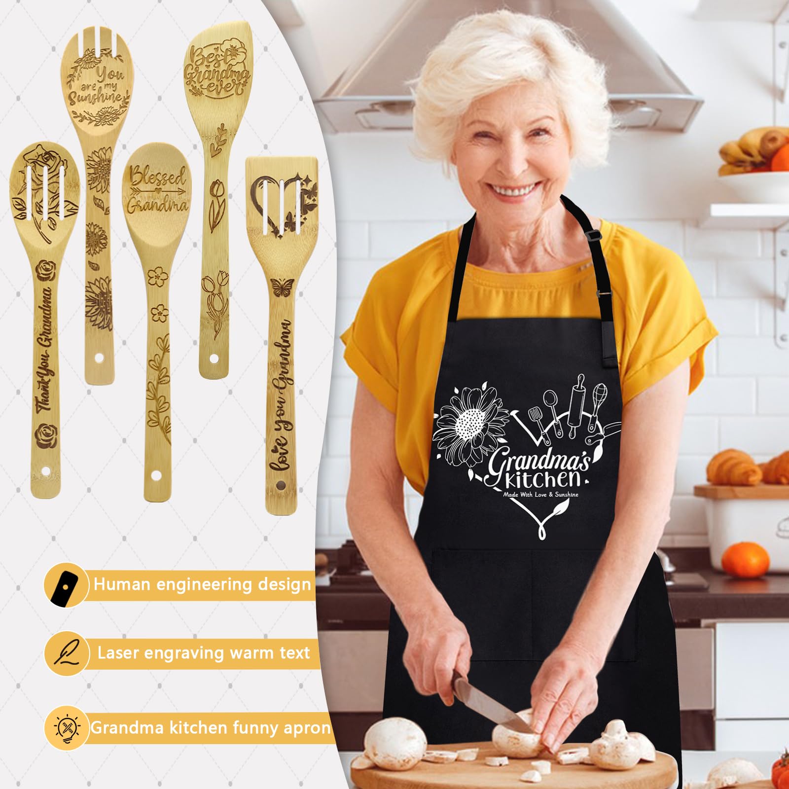Best Grandma Gifts - Premium Kitchen Utensil Set with Wooden Spoons & Cooking Apron | Thoughtful Birthday, Christmas & Mother's Day Present for Grandma, Nana & Grandmother | Perfect for Baking, Cooking & Family Gatherings