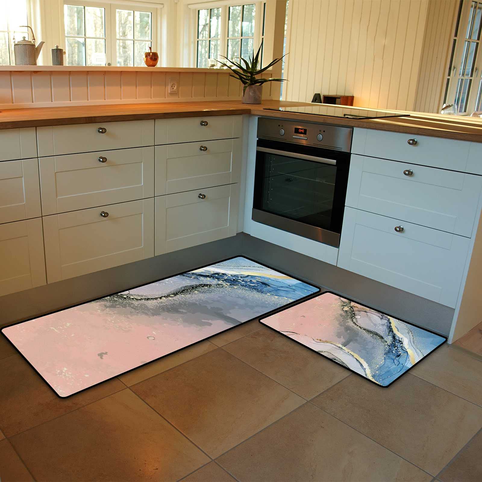 Non-Slip Gold Ink Abstract Kitchen Rug Set - 2 Piece Washable Coral Velvet Mats (17.7×29.1Inch + 17.7×58.2Inch) - Soft Absorbent Floor Mats for Kitchen, Dining Area, and Entryway