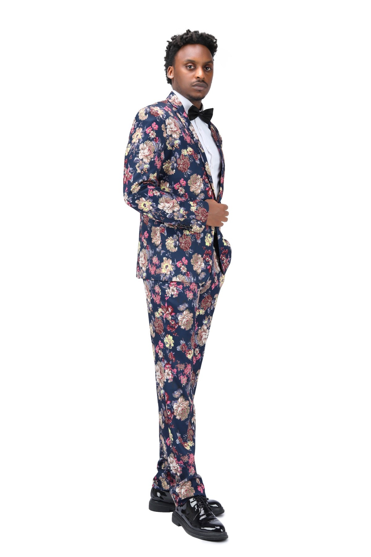 2 Piece Slim Fit Floral Print Suit for Men - Navy Blue Business Formal Wear - Perfect for Office, Wedding & Special Occasions