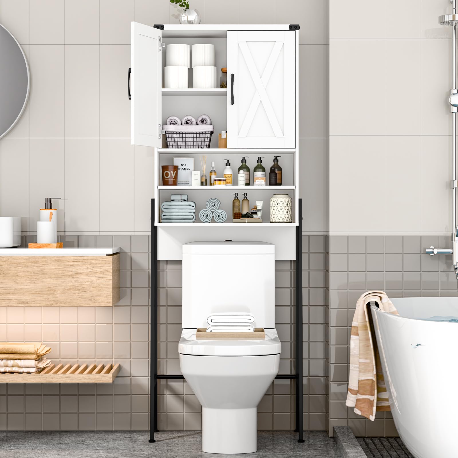 Farmhouse Over The Toilet Storage Cabinet with 2 Barn Doors - Space-Saving Metal Frame Bathroom Organizer for Toiletries, Towels & Laundry Supplies - Perfect for Small Bathrooms, Powder Rooms & Laundry Areas