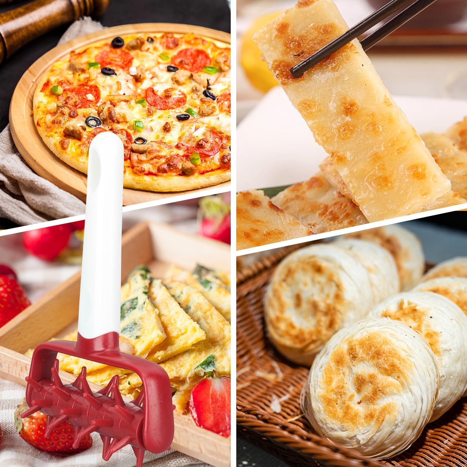 Pizza Dough Docker Roller with Spikes - Plastic Pastry Docking Tool for Homemade Baking, Prevents Dough Blistering (Red) - Perfect for Pizza, Pie Crusts, Crackers & Flatbreads