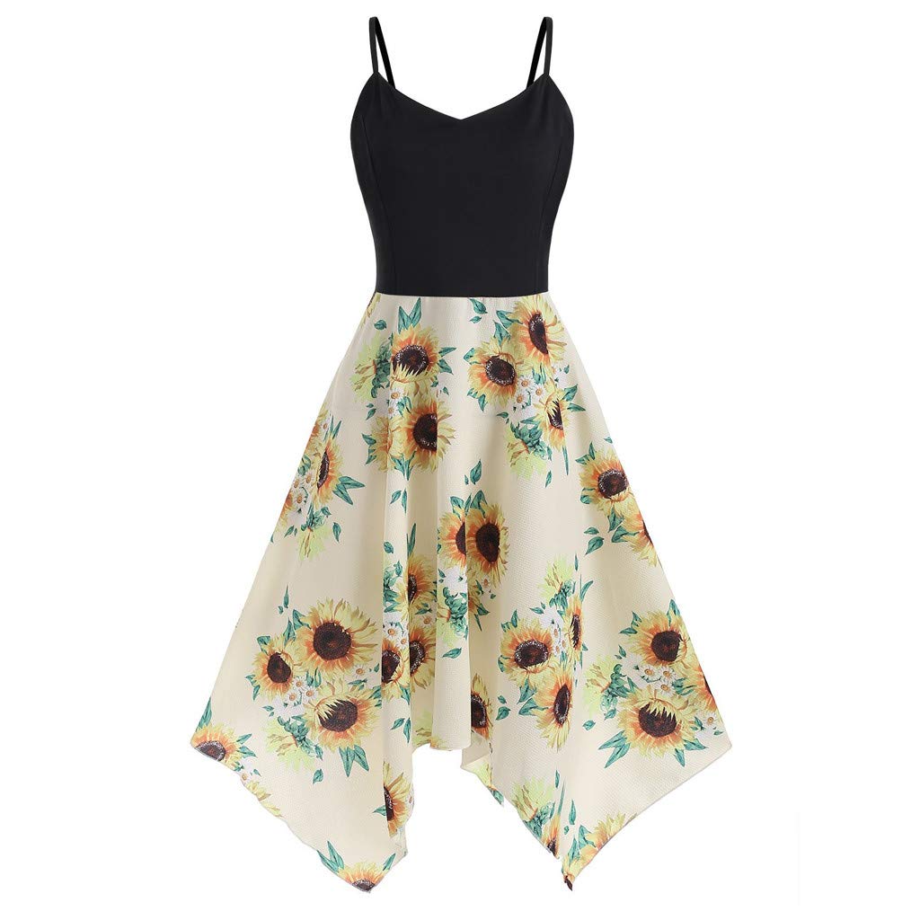 iQKA Women's Sunflower Print Mini Dress - Plus Size Asymmetric Camis Summer Beach Dress for Vacation, Pool Party & Casual Outings