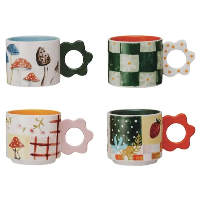 Hand Painted Whimsical Flower Mug Set - Ceramic Coffee Tea Cups with Unique Floral Designs - Perfect for Home Decor, Gift Giving & Cozy Morning Coffee Time