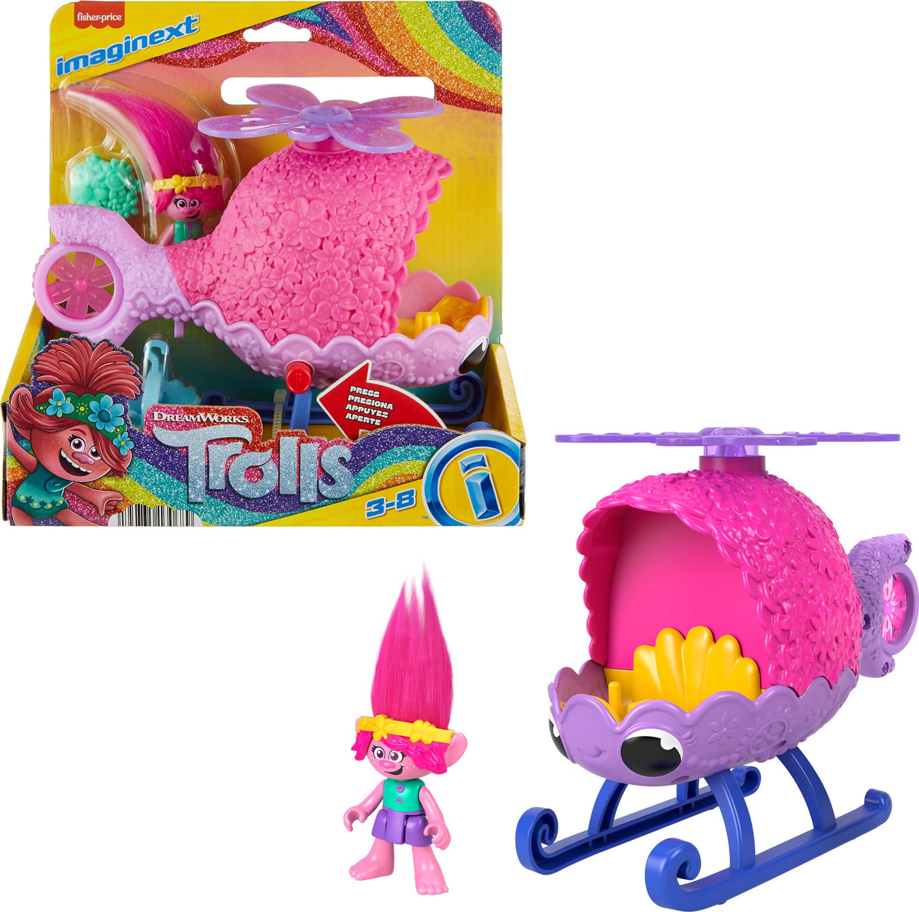 Fisher-Price Imaginext DreamWorks Trolls Toys Poppy's Copter Helicopter & Figure Playset for Kids Ages 3+ | Pretend Play, Interactive Adventure Toy for Preschoolers | Birthday Gift & Party Favor Idea