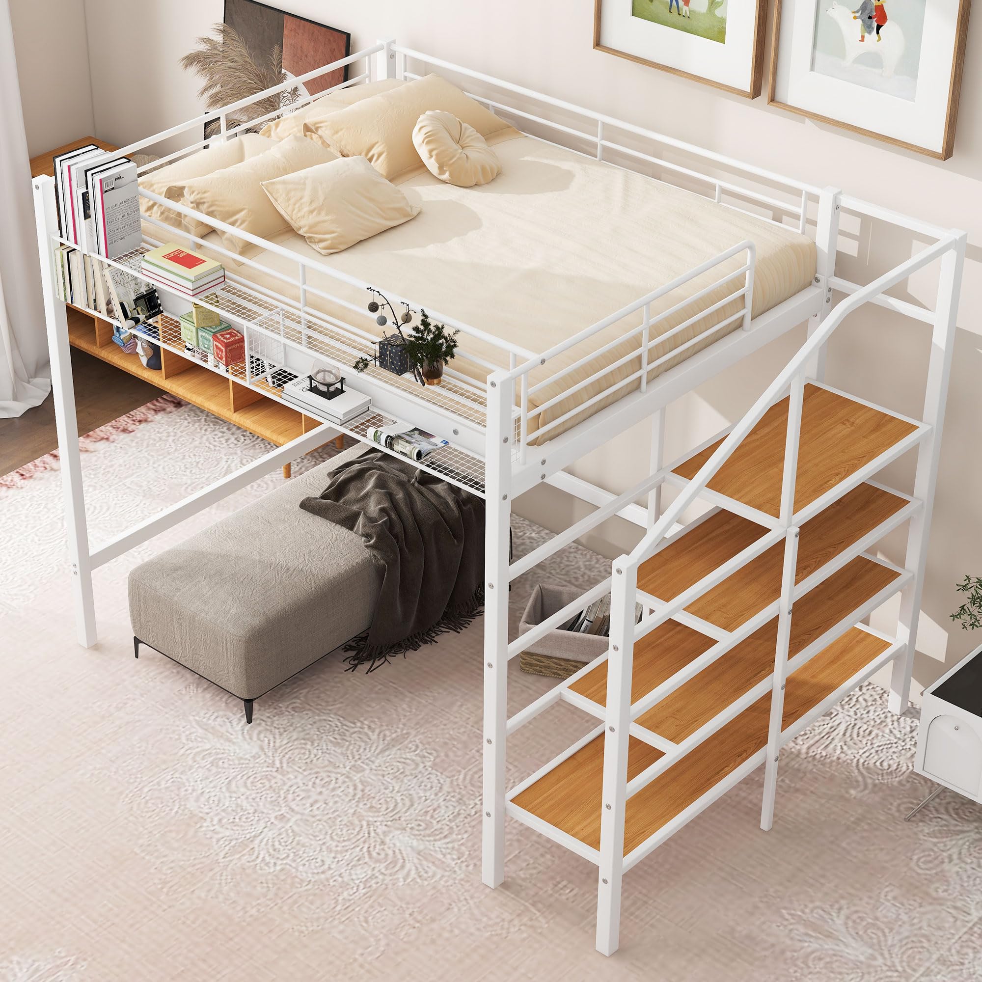 Full Size Loft Bed with Stairs - Heavy Duty Metal Loft Bed Frame with Storage Steps & Grid Shelf - Sturdy High Loft Bed for Kids, Teens & Adults - Perfect for Small Spaces, Dorms & Apartments (White)