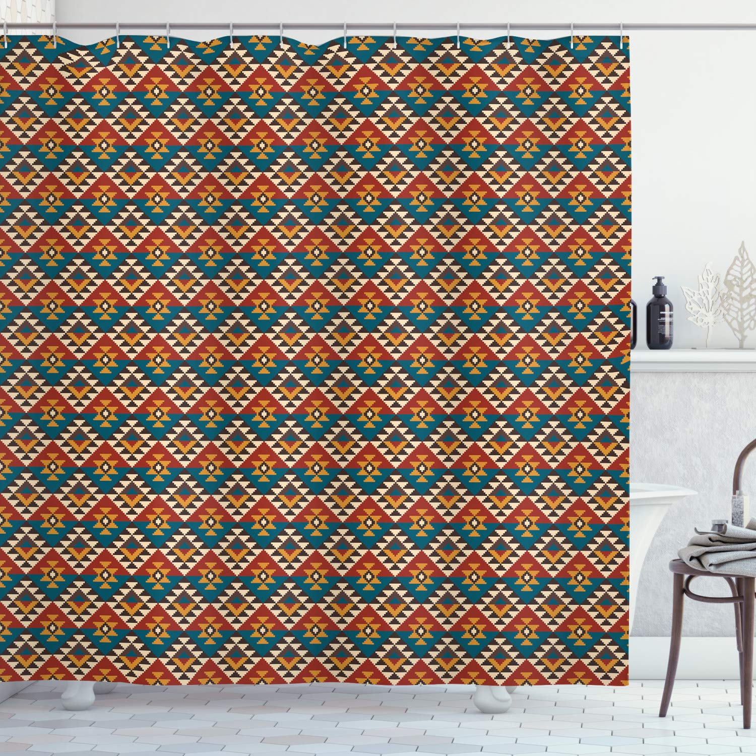 Ambesonne Aztec Shower Curtain - Vibrant Vintage Mexican Folk Design with Latin Cultural Influences, 69x84 Inch Fabric Bathroom Decor Set with Hooks | Perfect for Boho, Southwestern & Eclectic Bathroom Styles