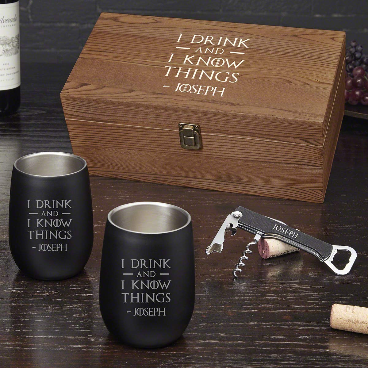 Personalized 'I Drink And I Know Things' Stainless Steel Wine Tumbler Set - Custom Engraved Insulated Cups for Wine Lovers, Gifts & Game of Thrones Fans - Perfect for Parties, Home Use & Office