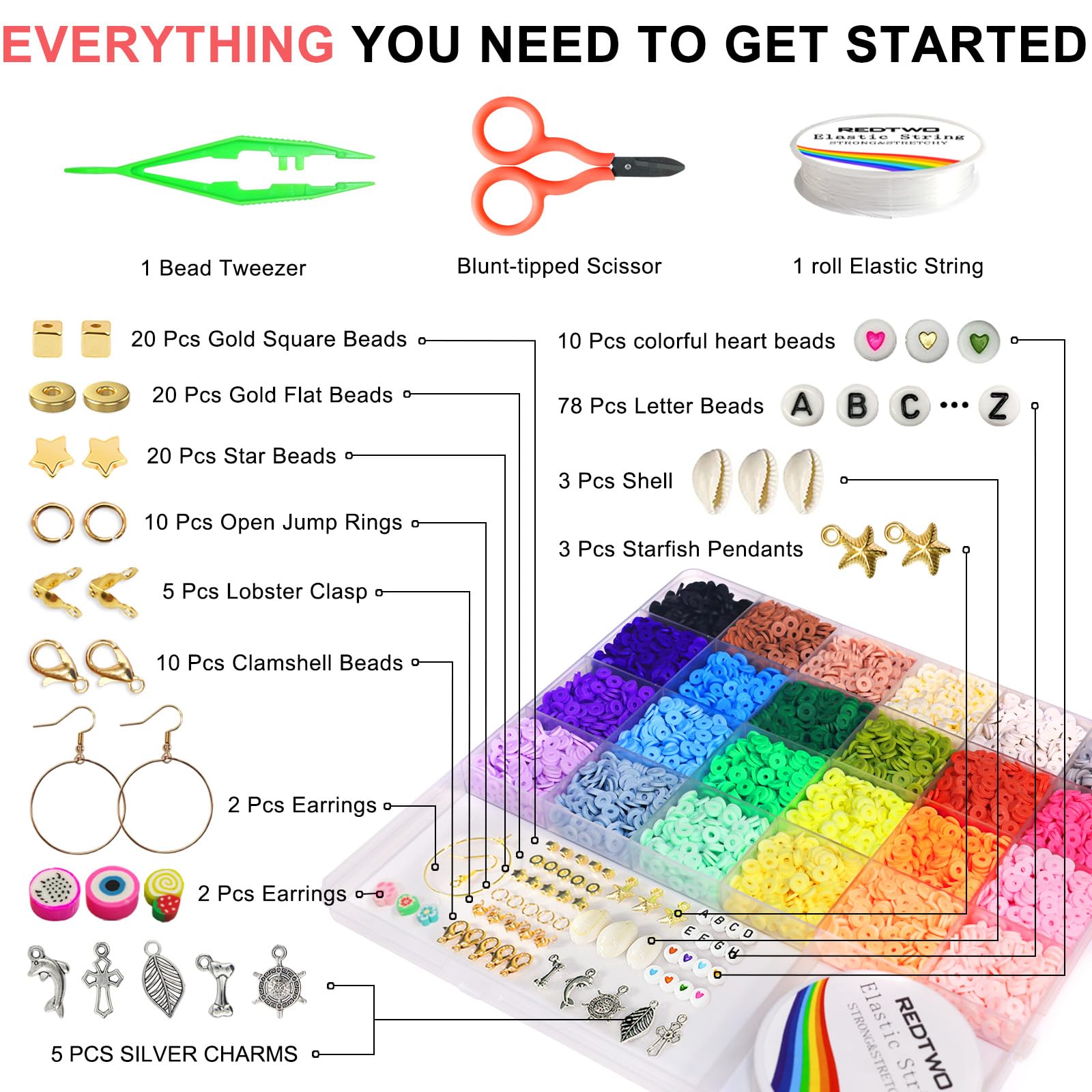 Redtwo 4200pcs Clay Beads for Bracelet Making Kit - DIY Friendship Bracelet Heishi Beads, Preppy Flat Beads for Arts & Crafts, Creative Birthday Gifts for Kids Ages 6-13 - Perfect for Jewelry Making, Party Favors & Summer Camp Activities