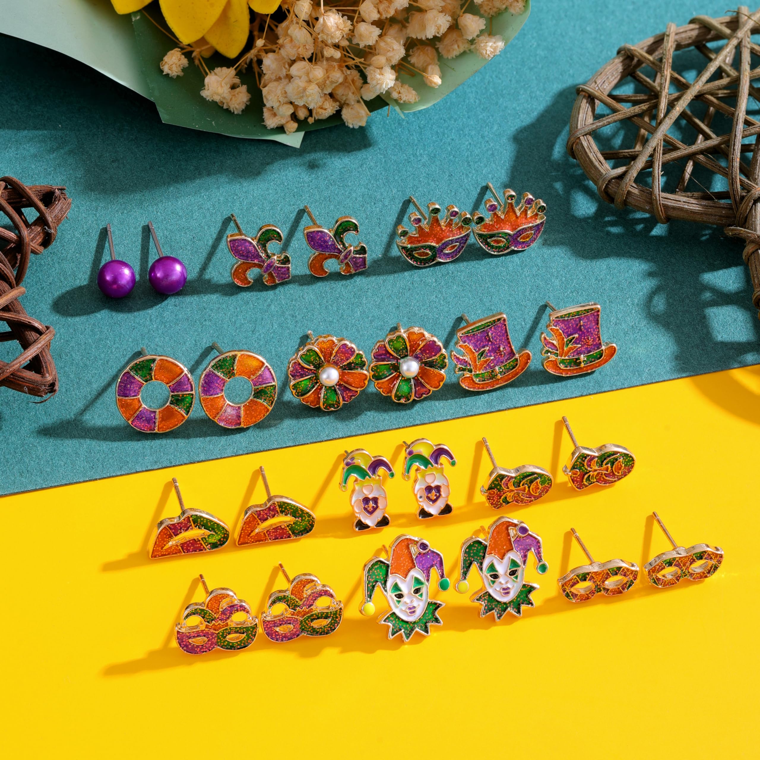 12 Pairs Hypoallergenic Mardi Gras Stud Earrings for Women & Teens - Carnival Mask, Jester & Fleur de Lis Designs - Perfect for Mardi Gras Parties, Parades & Costume Jewelry Gifts