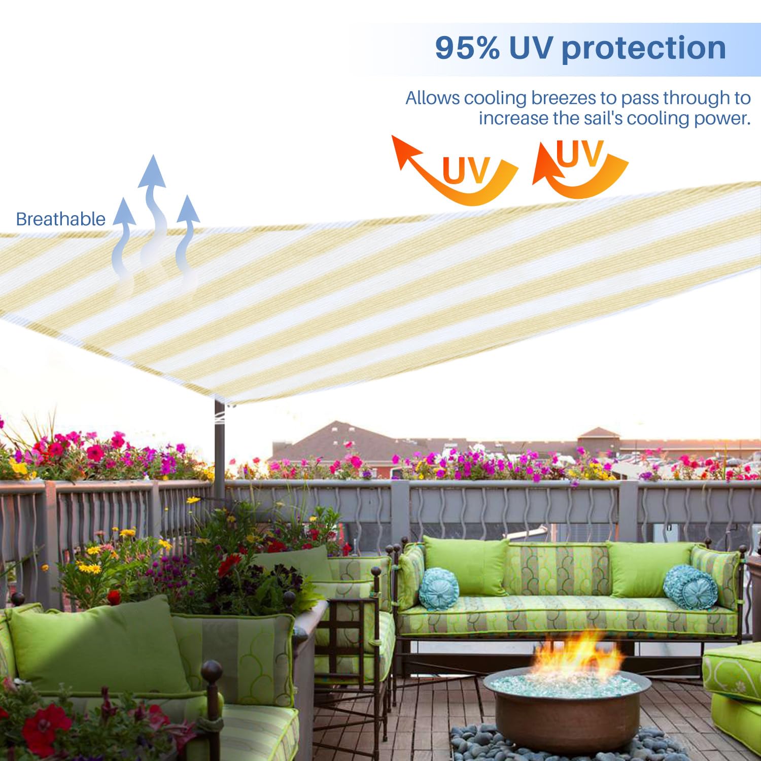 E&K Sunrise 12' x 23' x 25.9' Right Triangle Sun Shade Sail - UV Block Canopy Cover for Patio, Backyard, Garden, Outdoor Use - Beige White Strip - Perfect for Poolside, Deck, and Play Area Shade
