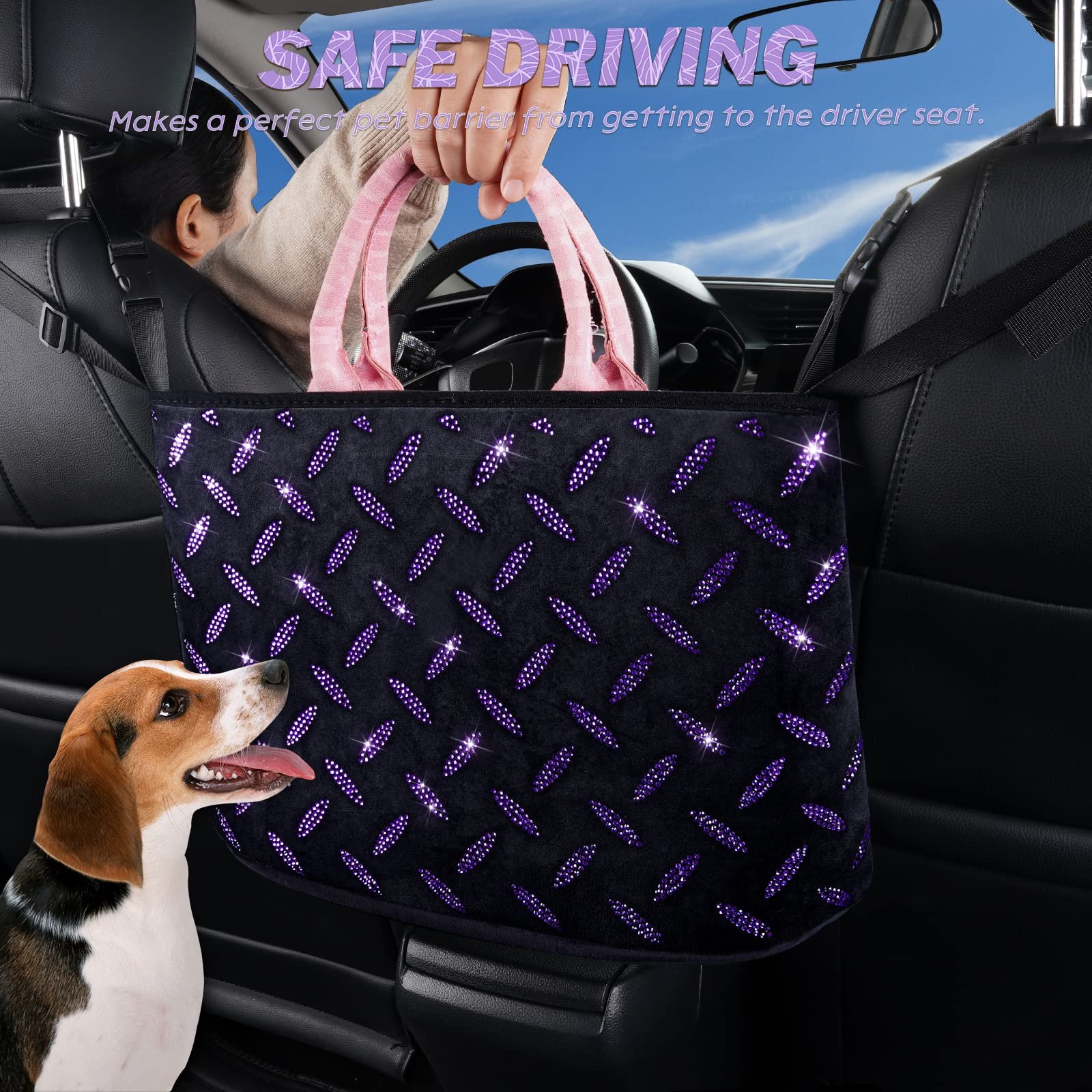 Sparkling Crystal Car Organizer & Storage Purse Holder - Diamond-Embellished Seat Back Organizer for Women, Car Accessories with Pet Barrier for Dogs & Kids (Purple) - Perfect for Road Trips, Daily Commutes & Keeping Your Car Tidy