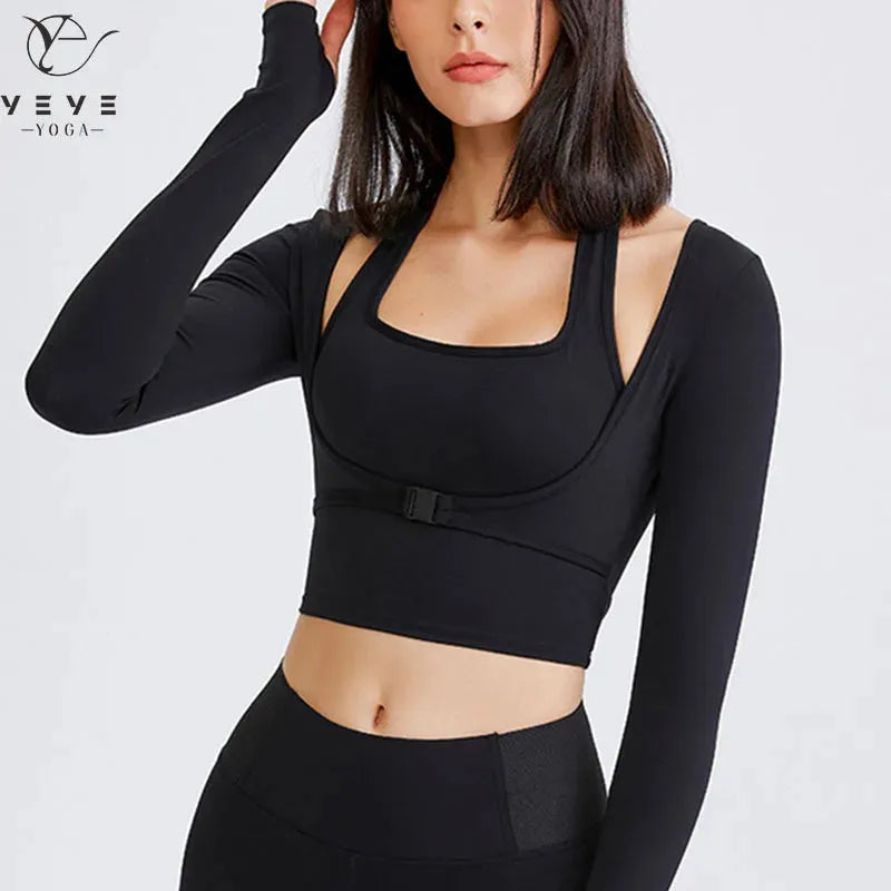 Sexy Long Sleeve Workout Top for Women - 2-in-1 Crop Yoga Shirt & Gym Jersey - Breathable Fitness Tee for Yoga, Running & Gym Training