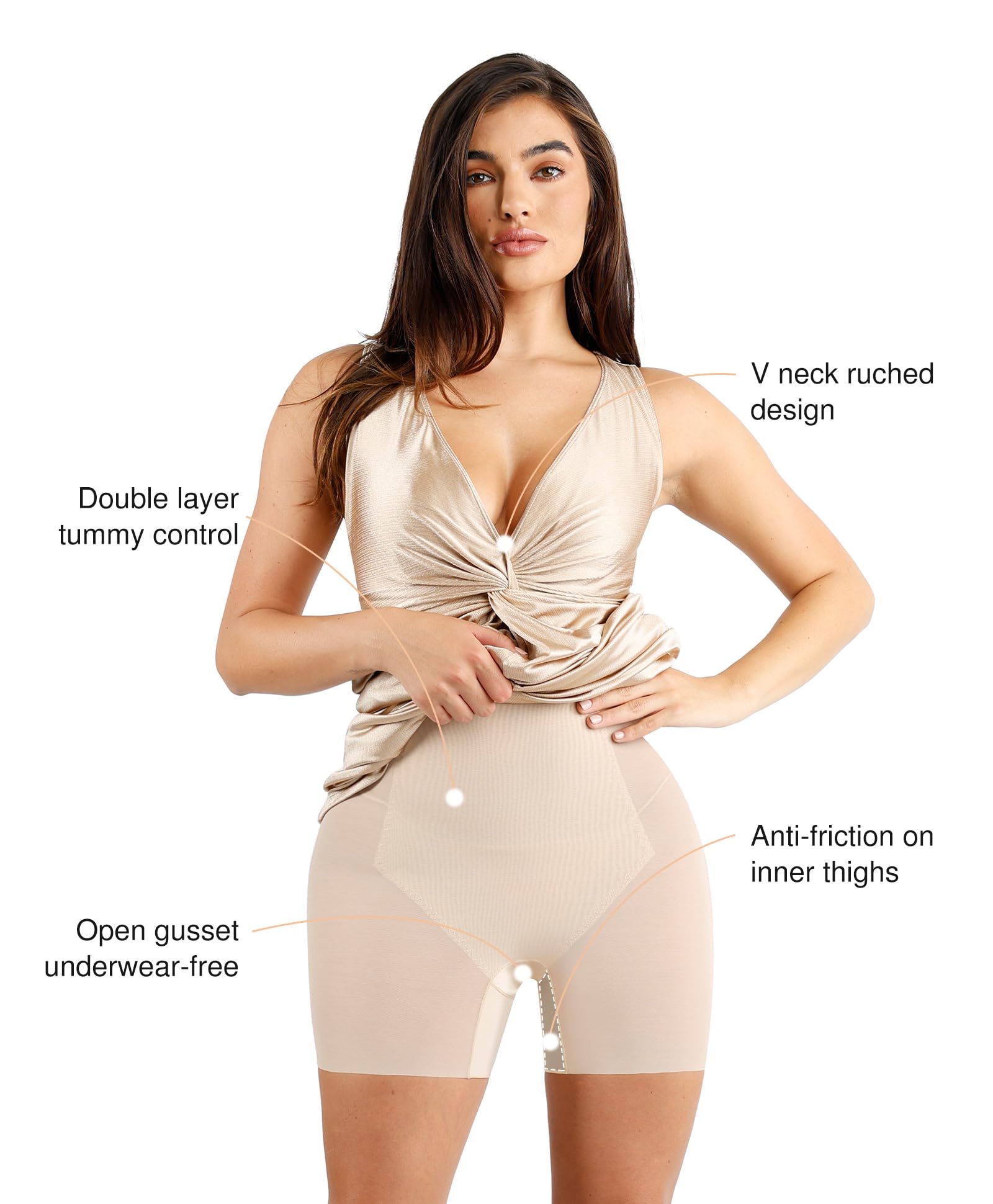 Popilush Shapewear Dress - Ruched Bodycon Maxi Dress with Deep V Neck & Built-in Shapewear | Formal Long Sleeveless Dress for Women | Perfect for Weddings, Parties & Evening Events