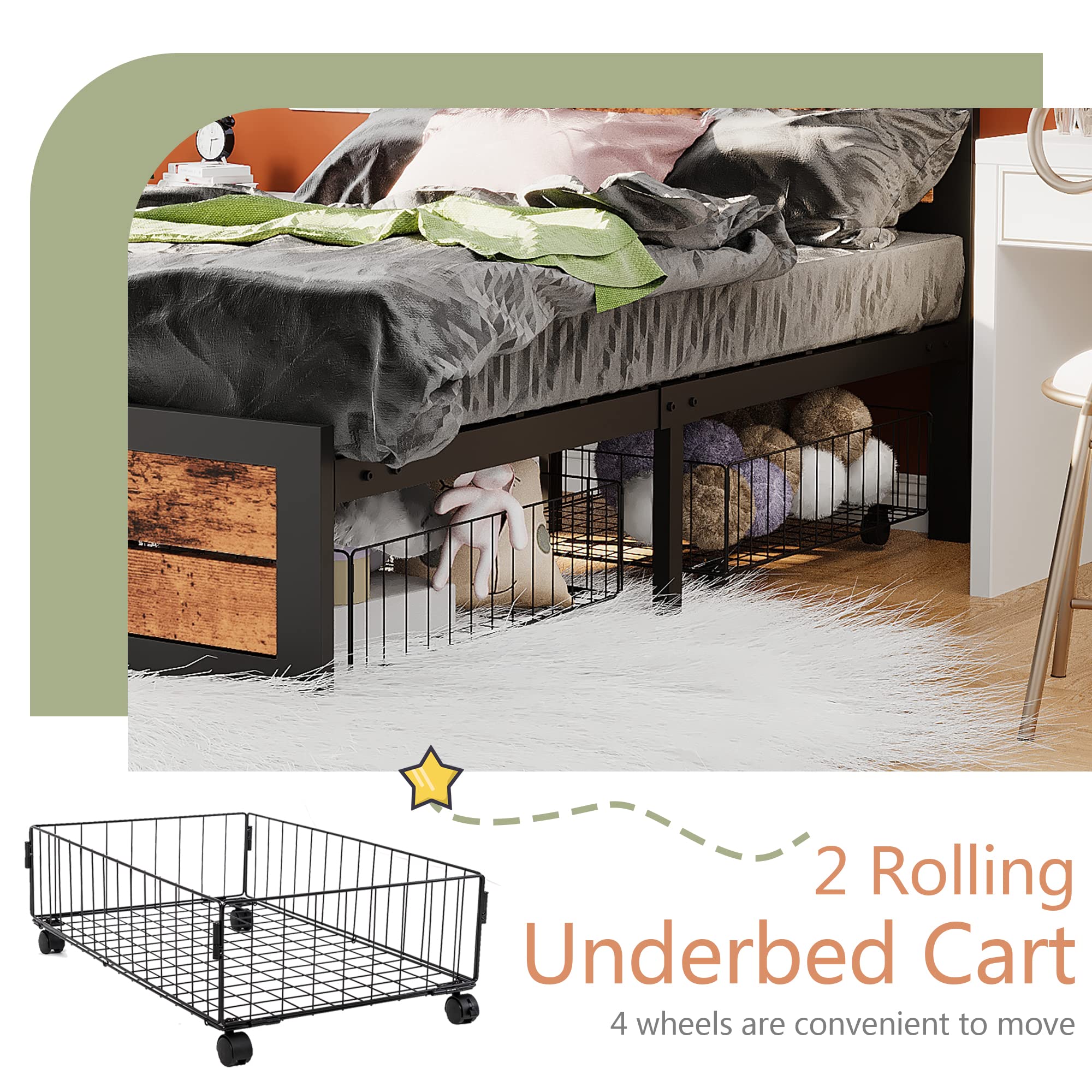 DHMAKER Twin Bed Frame with Storage & Headboard - Sturdy Metal Platform Bed with Steel Slats & 2 Underbed Carts - No Box Spring Needed - Perfect for Kids, Teens & Adults Bedrooms, Dorms & Guest Rooms