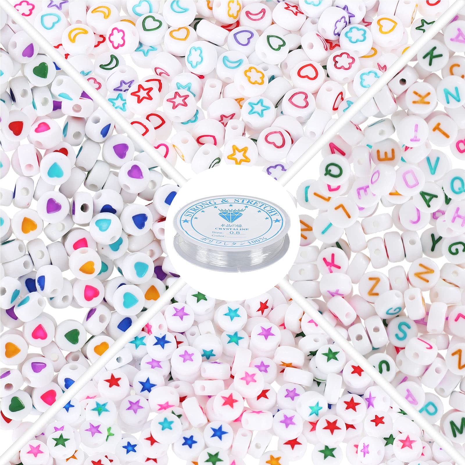 Whaline 1000Pcs Acrylic Letter Beads Kit - Alphabet, Heart & Star Charms with Elastic String for DIY Jewelry Making - Create Necklaces, Bracelets & Handmade Gifts - Perfect for Kids Crafts, Party Favors & Personalized Accessories
