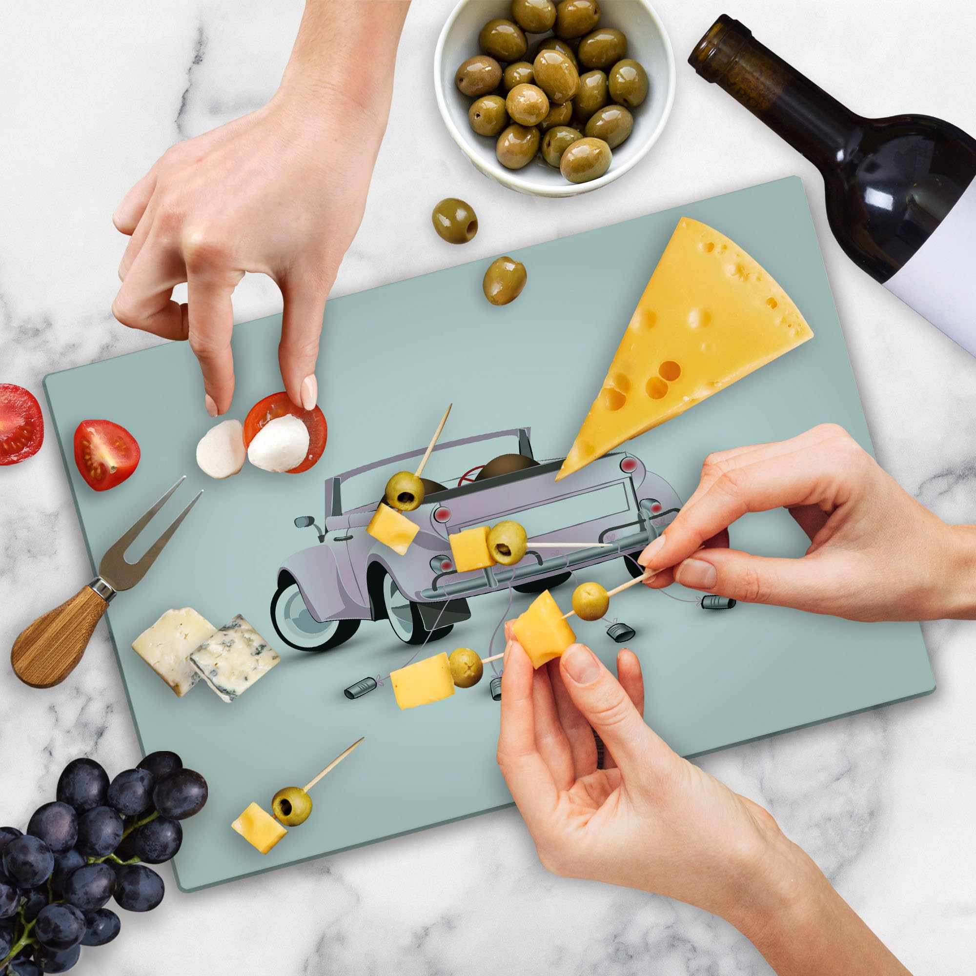 Ambesonne Cars Themed Wedding Cutting Board - Just Married Open Roof Top Car Love Print for Bride & Groom - Large Pink & White Tempered Glass Serving Board - Perfect for Wedding Gifts, Bridal Showers & Kitchen Decor