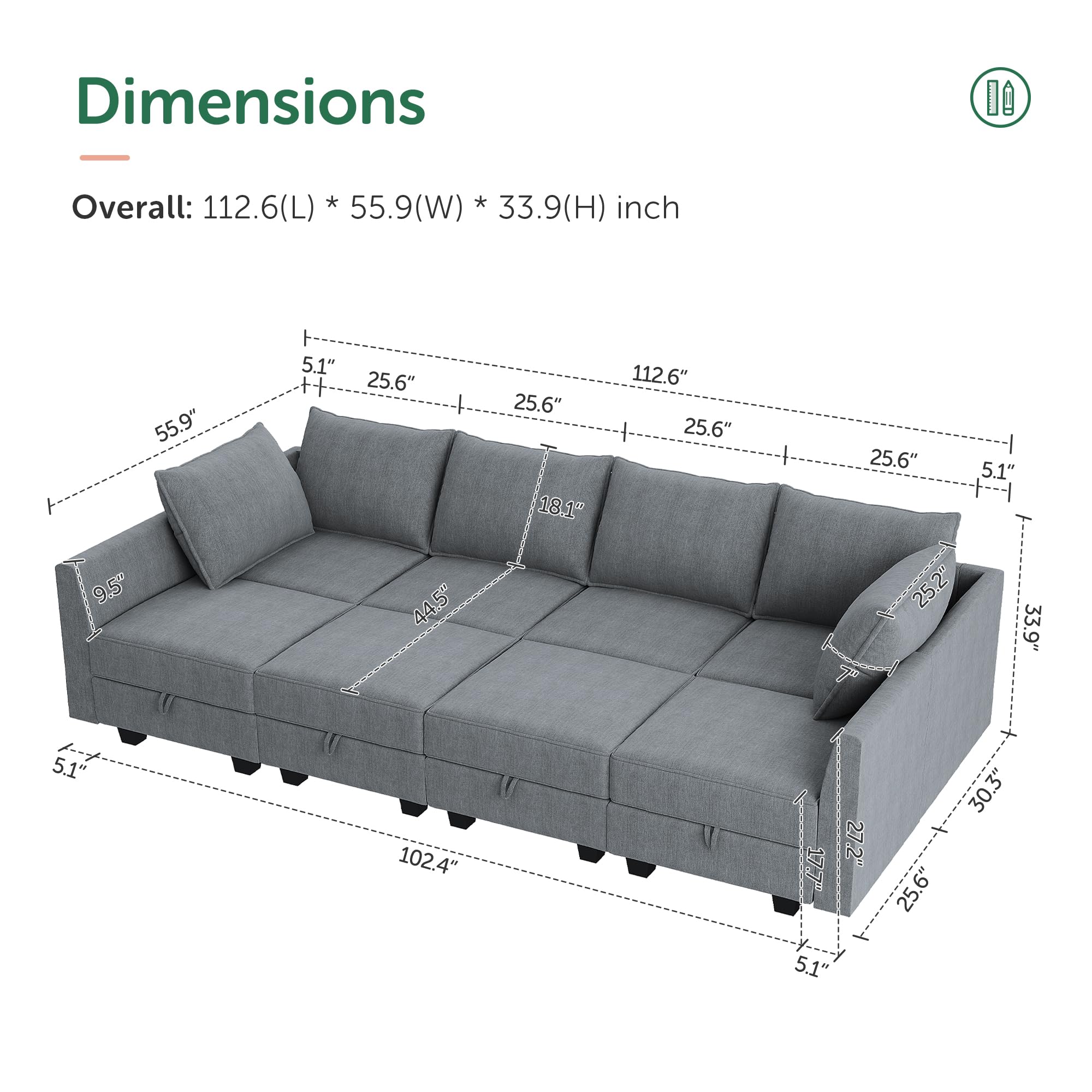 HONBAY Reversible Modular Sleeper Sectional Sofa with Storage | Convertible Couch Bed for Small Spaces | Bluish Grey Modern Living Room Furniture | Perfect for Apartments, Guest Rooms & Home Theaters