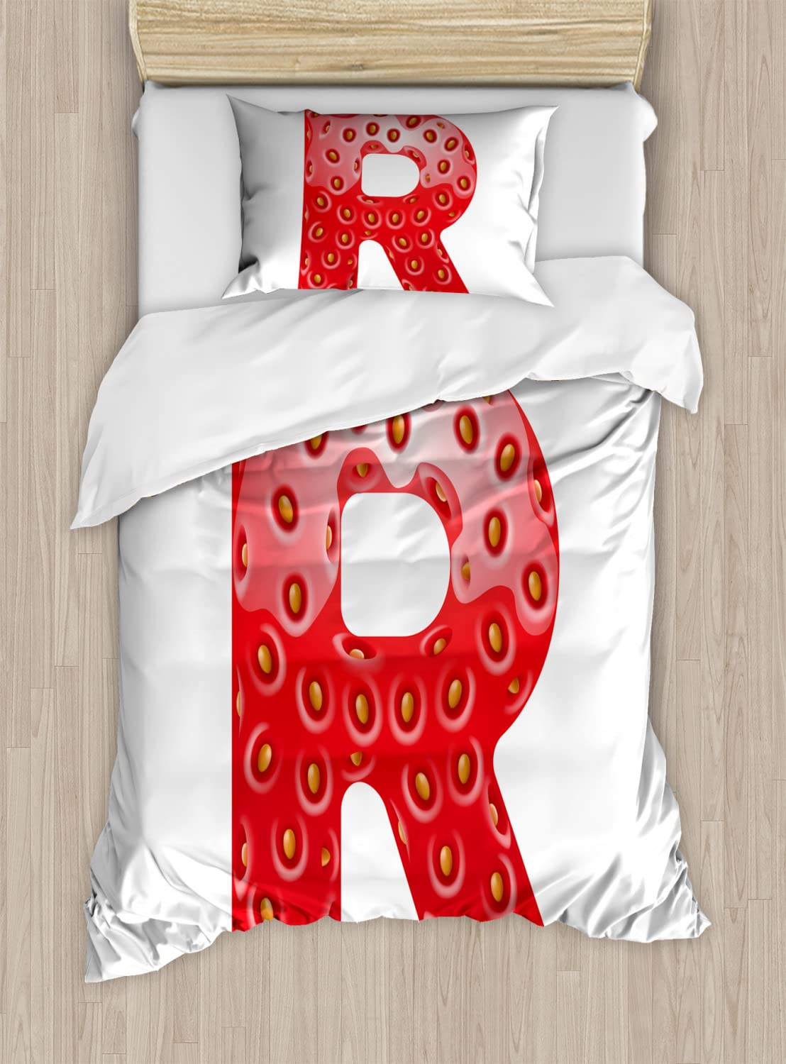 Ambesonne Letter R Duvet Cover Set - Summer Food Themed Bedding with 2 Duvet Covers & 2 Pillowcases, Twin Size 2-Pack in Vermilion Green Orange | Perfect for Kids' Rooms, Dorm Decor, and Themed Bedroom Makeovers