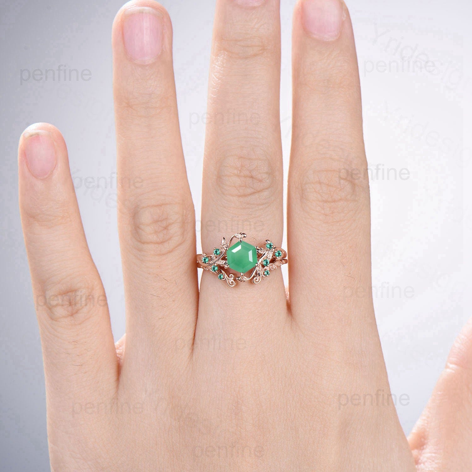 Vintage Green Chrysoprase Engagement Ring Set - Rose Gold Cluster Wedding Band, Unique Emerald Promise Ring for Women, Elegant Bridal Jewelry Set | Perfect for Proposals, Anniversaries & Special Occasions