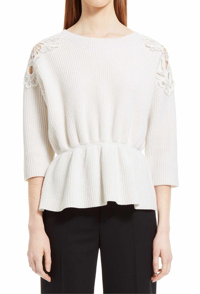 Chloe Cream Knit Lace Trim Peplum Sweater for Women - Elegant Lace Detail Pullover Top for Fall & Winter - Perfect for Office, Date Night and Holiday Parties